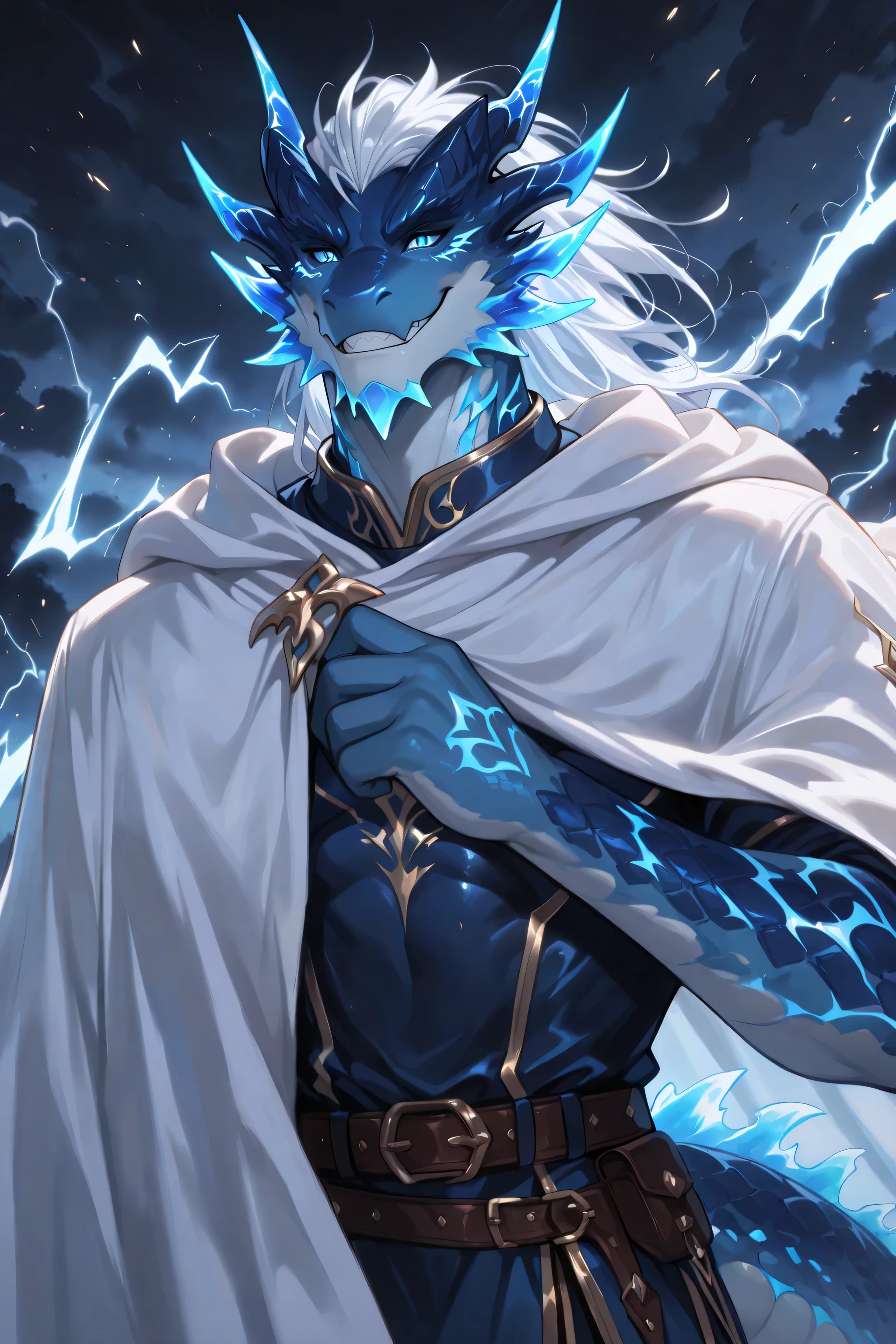 Full-body portrait of a male blue dragonborn with shimmering azure scales and a long, electric tail. His eyes glow with lightning, and blue electric sparks arc across his body. He wears simple, practical traveler’s clothing, nothing extravagant: sturdy fabrics, a leather belt, and a light cloak flowing in the wind. His expression is playful, cocky, and kind, with a confident, charismatic smile. His stance conveys energy and lightheartedness, as if ready to laugh in the middle of a storm. Background shows a dark stormy sky with flashes of blue lightning emphasizing his storm aura.