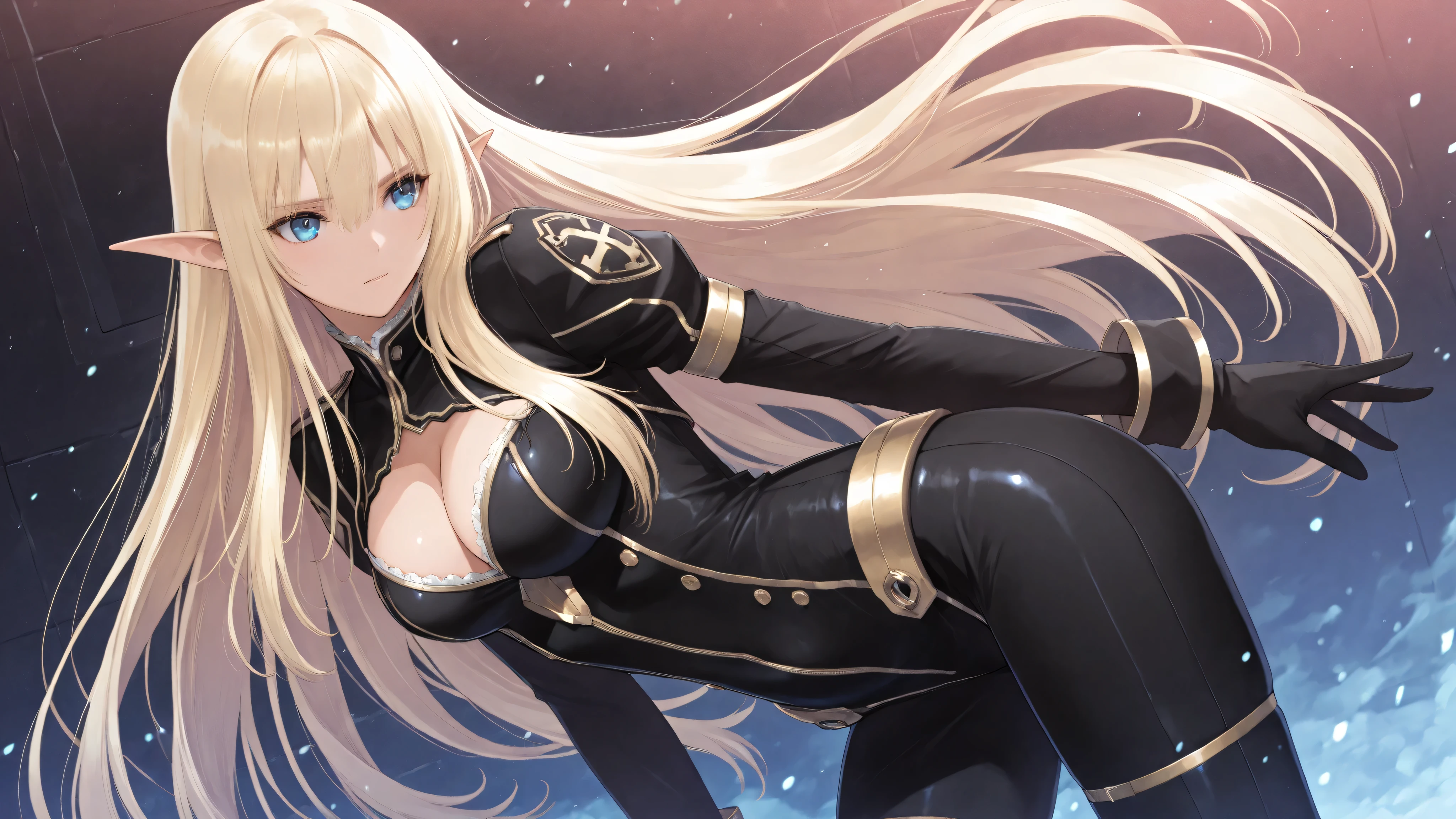 ((score_9, score_8_up, score_7_up, masterpiece)), ((alpha)), (long hair, blue eyes, blonde hair, pointy ears, solo, black bodysuit), black bodysuit, gold trim, cleavage cutout, black gloves