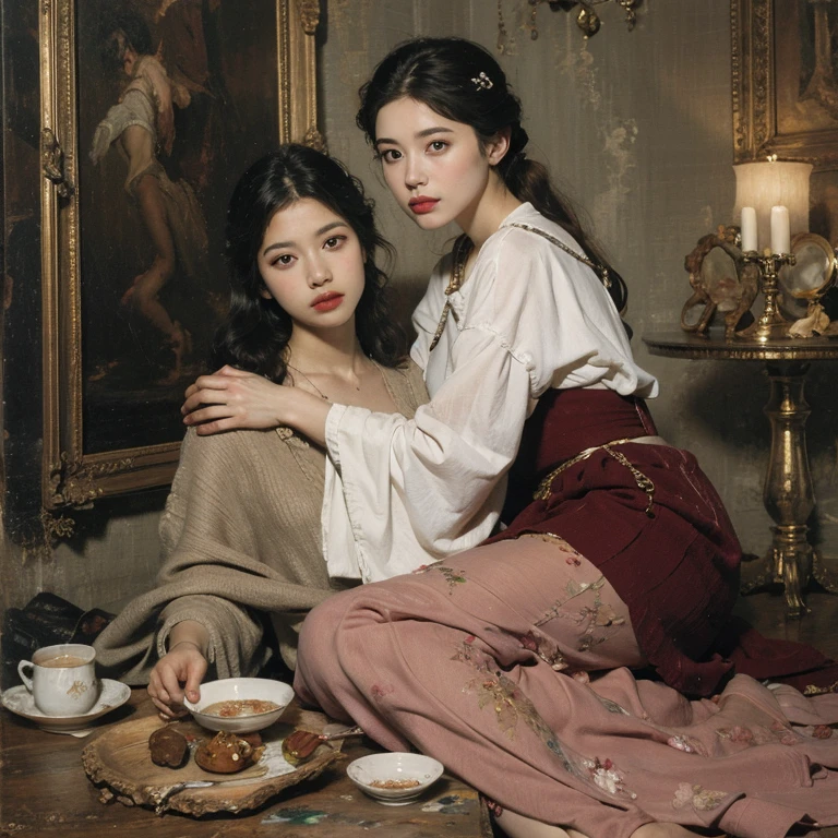 full body portrait or statue、Giorgione painting style,Arguments of two female Philosophe,math、astronomical machine、astronaut、roses in vase、fruits、Cute trinkets、smile、ancient greek costume、Ancient Roman landscape in the style of Nicolas Poussin,laughter,,Sweet and  appearance.、Caravaggio's paintings、Chiaroscuro of Caravaggio、hair tousled by the wind,Two women frolicking,cute smile, expression of ,,
