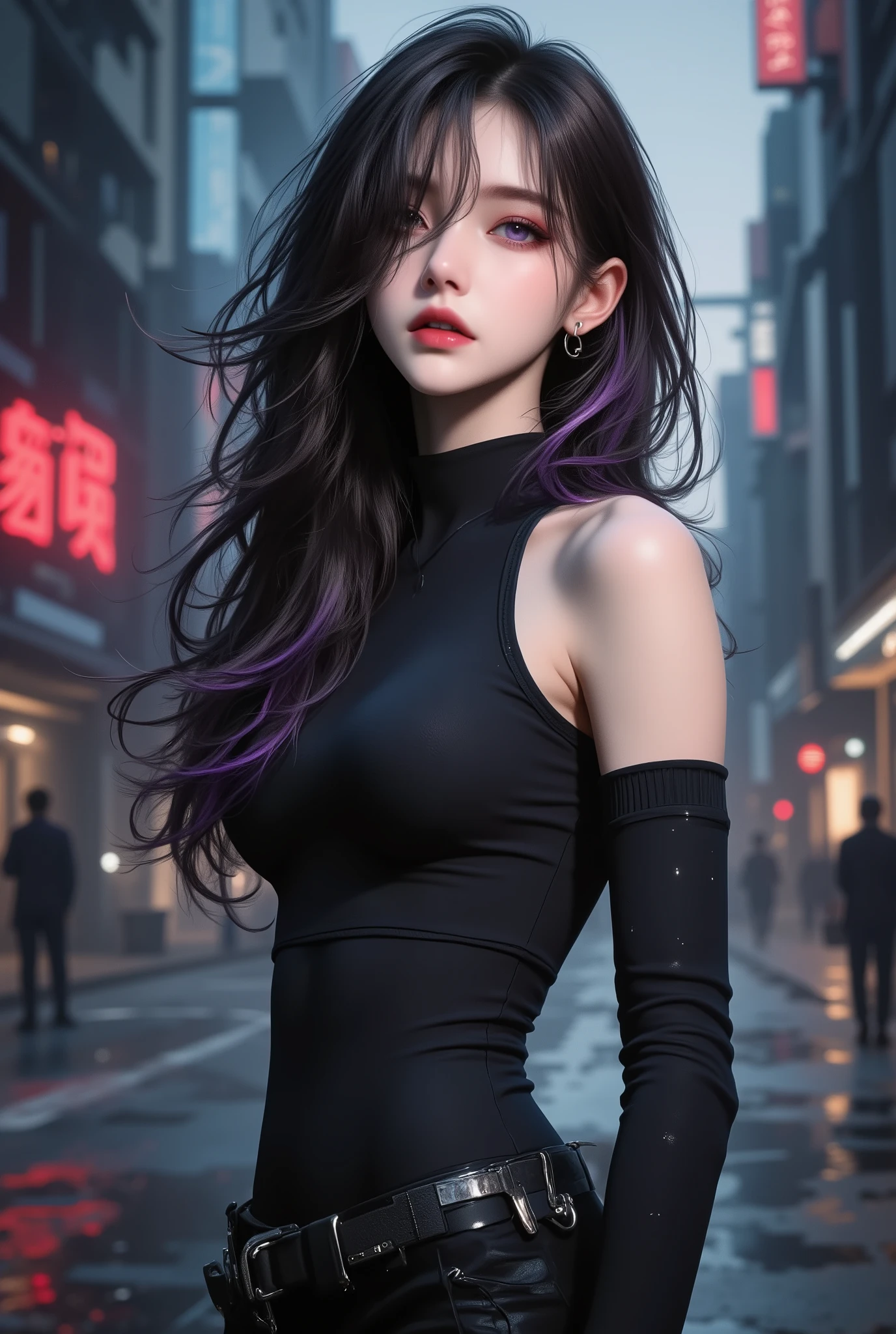 photo real、realistic skin texture、gun、Extremely Tight Cyberpunk Suit、beautiful long hair、Dim Cyberpunk City、Beautiful Thin Violet Eyes、Black hair with slightly purple tips、beautiful face up、gunは腰に
