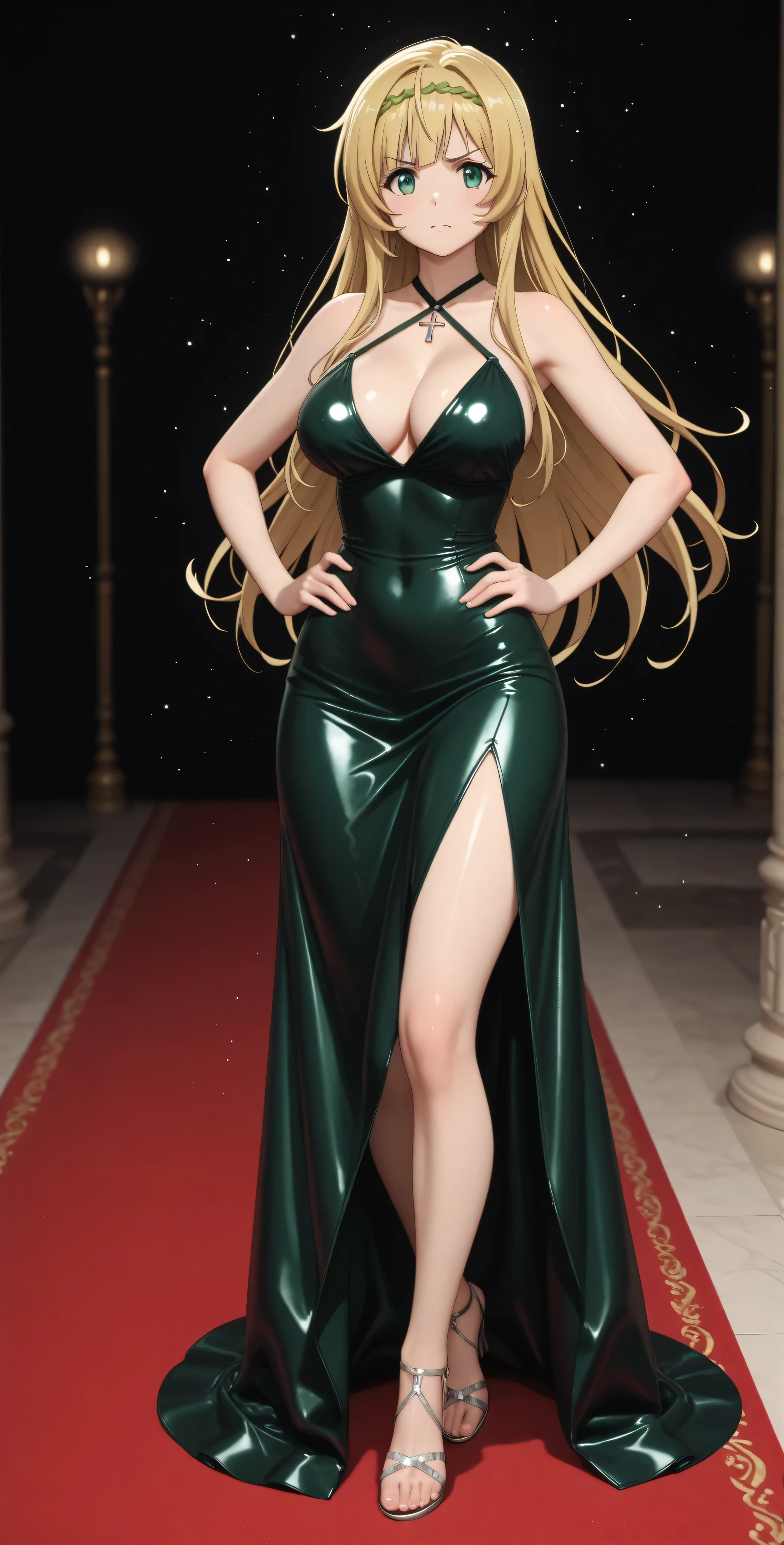 perfect anatomy. Photo RAW. masterpiece. My sexy younger sister, Shera L. Greenwood is a horny nymphomaniac girl. She has short golden blonde hair, Green Eyes, light porcelain skin , dressed in a dark green latex dress, sleeveless, cross halter neck , short evening dress. transparent heel sandals with straps with shiny details. alone with an elegant and fine pose. the image has many details on her fair skin and in her dress, you can see shiny particles in the dress that give her more glamor, is standing on a red carpet with a dark background. her hands are visible and rest on her hips highlighting her attractive figure. she has a confident and defiant expression y, At the same time, her posture is charismatic and horny.
