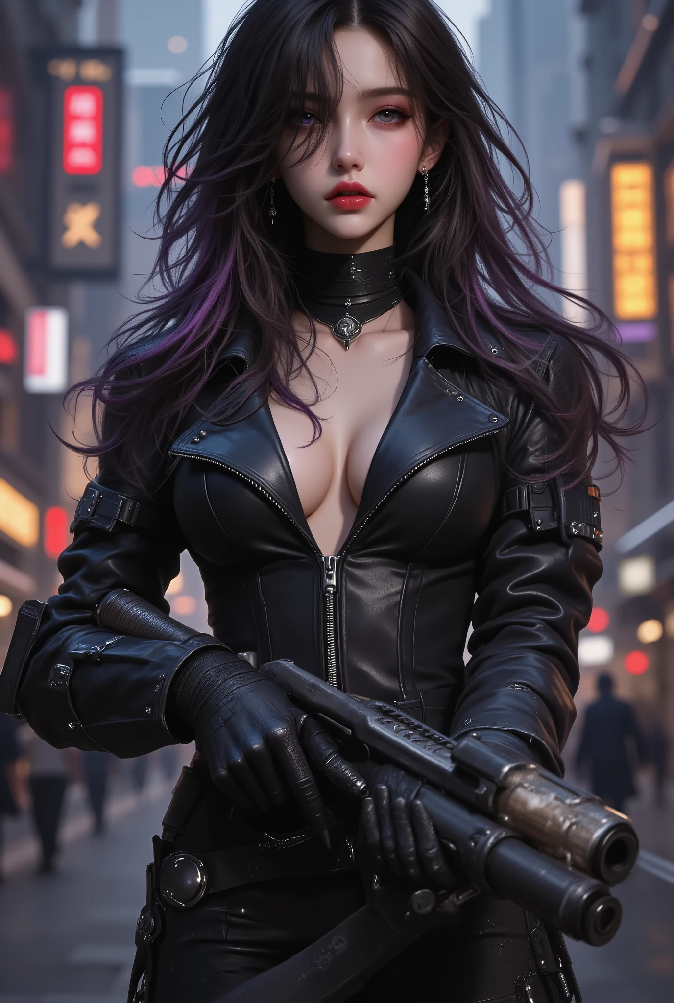 photo real、realistic skin texture、gun、Extremely Tight Cyberpunk Suit、beautiful long hair、Dim Cyberpunk City、Beautiful Thin Violet Eyes、Black hair with slightly purple tips、beautiful face up、gunは腰に
