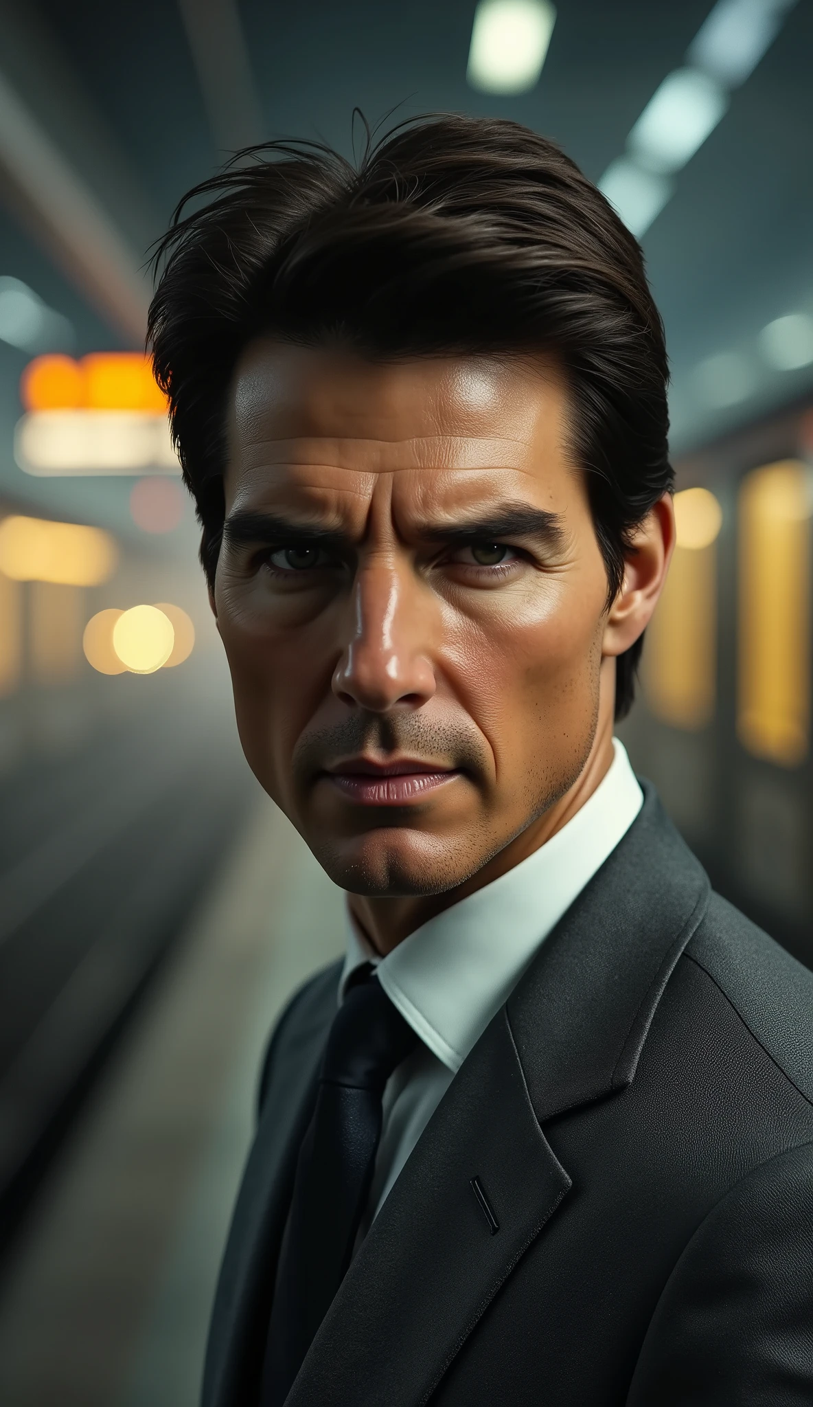 Tom cruise como Smoke

Close-up portrait of Tom , slim grey designer suit.
Background: blurred foggy train station at night, glowing timetable screens, faint silhouettes of trains with headlights.
Lighting: soft cold glow with mist, smoke reflecting warm yellow light.