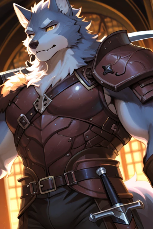 a furry sheep, white fur, shoulder long hair, handsome, slim fit, fit build, paladin, ((white sheep), ((dark blue paladin armor)), furry art, full body, mature, tall, daddy, muscular, silky hair,