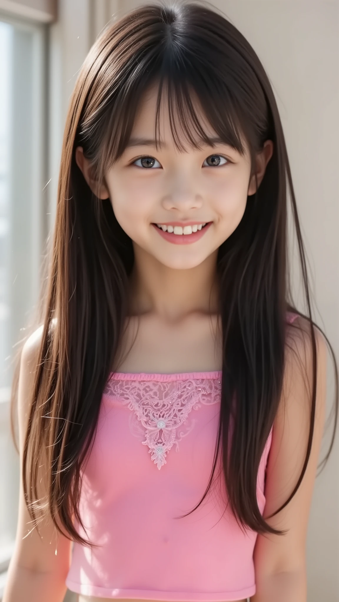 , smile, Dye your cheeks red, beautiful eyes, Sparkling, elementary school student, long black hair, the cutest in the world 、full body、