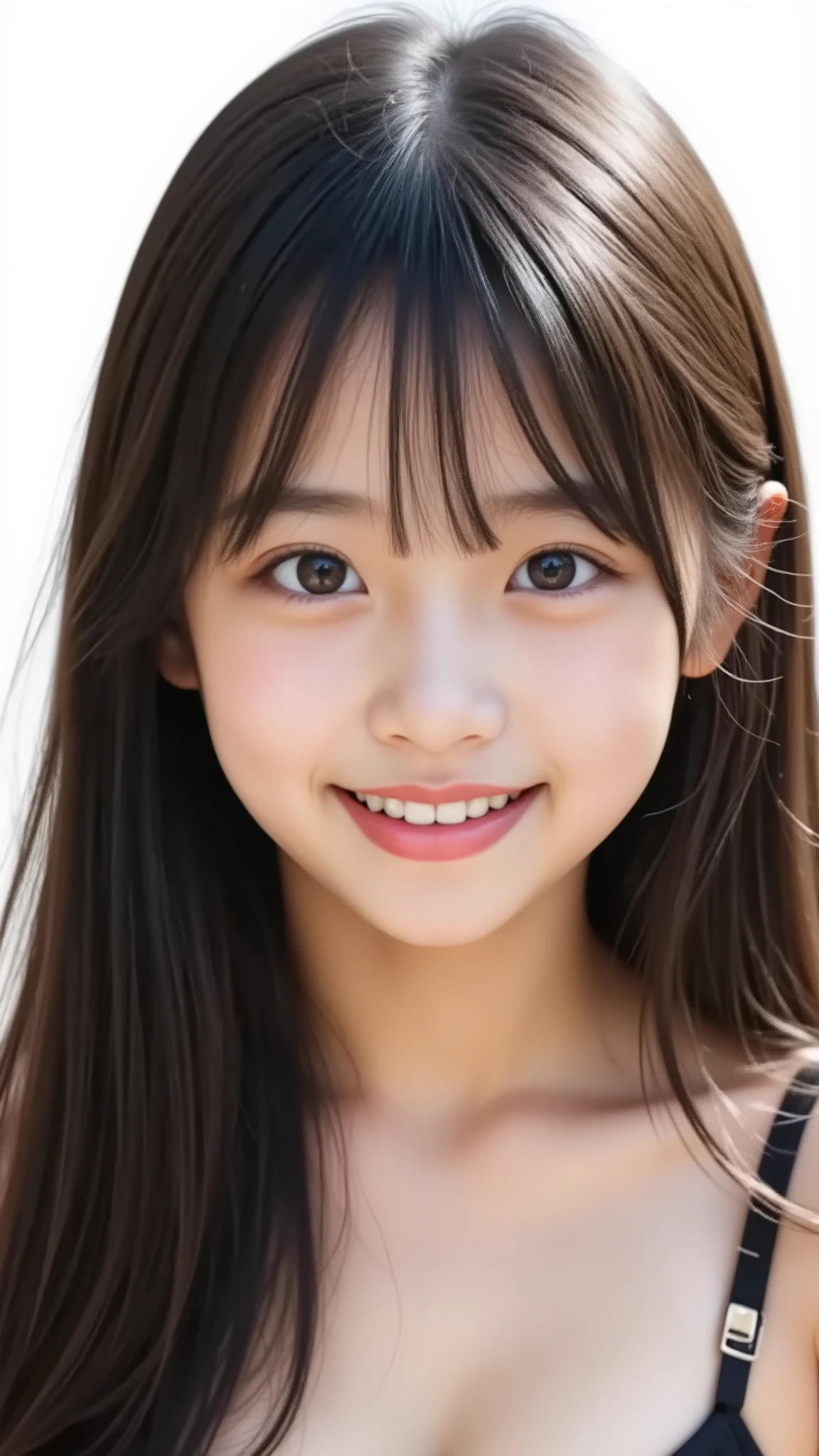 , smile, Dye your cheeks red, beautiful eyes, Sparkling, elementary school student, long black hair, the cutest in the world 、full body、