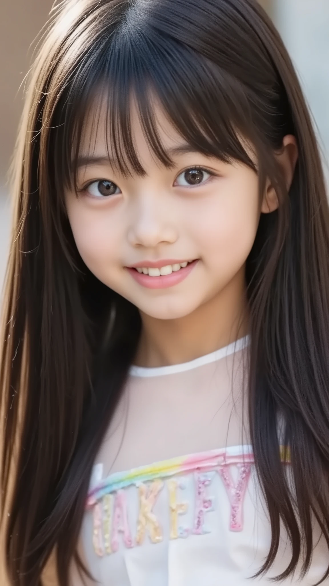 , smile, Dye your cheeks red, beautiful eyes, Sparkling, elementary school student, long black hair, the cutest in the world 、full body、NSF, (topless:1.7)