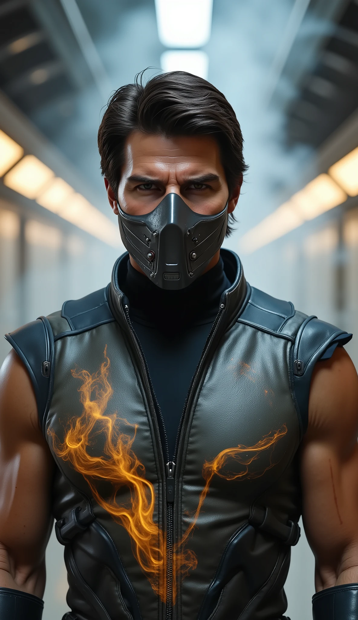 Tom cruise como Smoke — de mortal kombat

Close-up portrait of Tom as Smoke, dark grey MK armor with swirling smoke patterns animated across the , gauntlets glowing faintly.
Mask: smooth steel mask with faint smoke venting from the sides.
Background: futuristic train station in focus, smoke trailing between glowing rails.
Lighting: cold white light mixing with faint yellow glow.