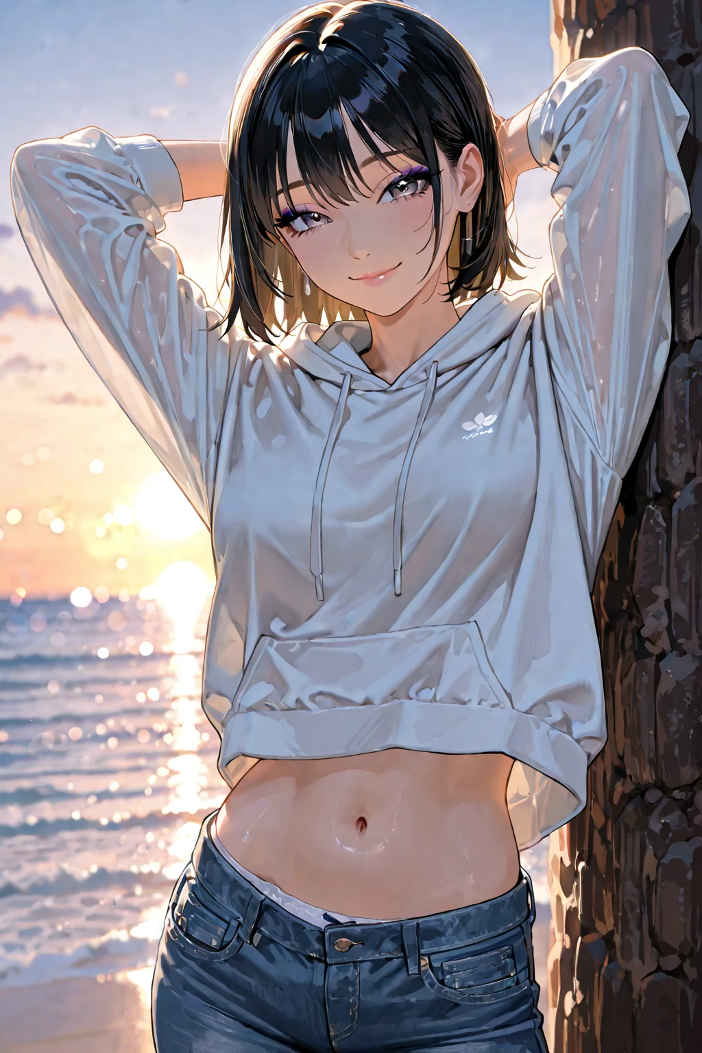 (masterpiece), (best quality), (ultra-detailed), (highest quality), (2.5D), (1 girl), very delicate facial expressions, , only woman, healthy figure, ((22-year-old woman)), 170cm tall, medium firm swaying , (short hair), (pink hair:1.5), pink and salmon pink, ((streaked hair:1.9)), (highlights hair: 1.6), blunt bangs, red eyes, blush, (thin thighs), (visible :0.5), ( :0.7), (white t-shirt), (blue shorts), shiny and lustrous, facing straight at viewer, ((())), ((Oily_skin)), standing_split, by the beach in midsummer