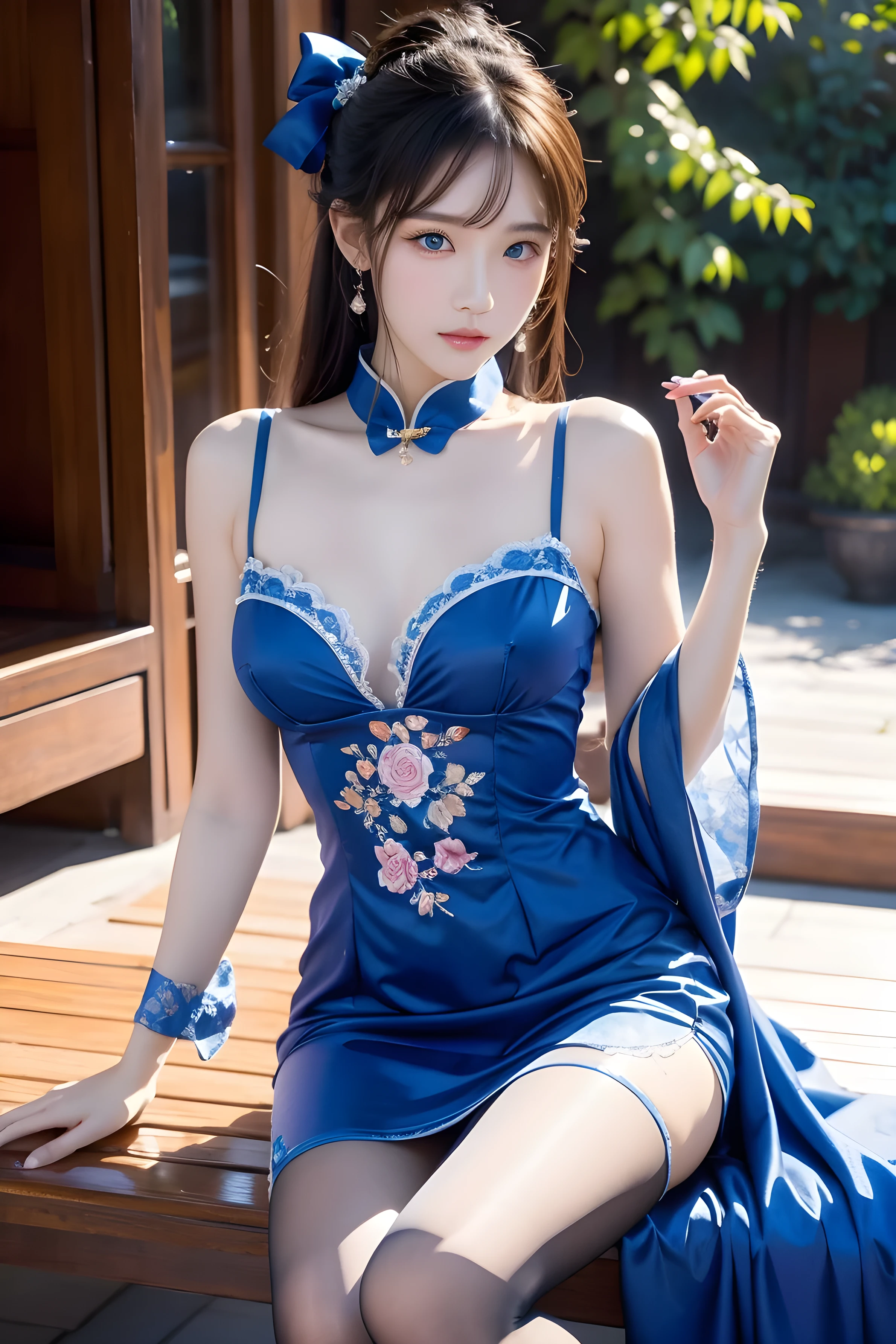 CHUNGSAM , 1 girl, blue bow, blue eyes, blue Flowers, blue ribbon, blue Rose, , Chinese Costume, Chinese Costume, dress, Flower, gradation by JM, gradation by JM background, embroidered ball Flower, watch the audience, small , pantyhose, Rose, braley to imasa, thigh pantyhose, Chinese paper fan with painting,
