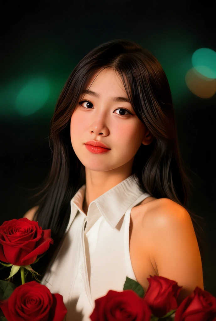 best quality, masterpiece,
 japanese idol girl, looking at viewer, long hair, Headshots, hold a rose with one hand, enlargement, very beautiful detailed face, medium chest, (Cute face, looks tempting), eye level,
professional photos, high contrast exposure, soft bokeh, high key light, solid shadow, Photo realism