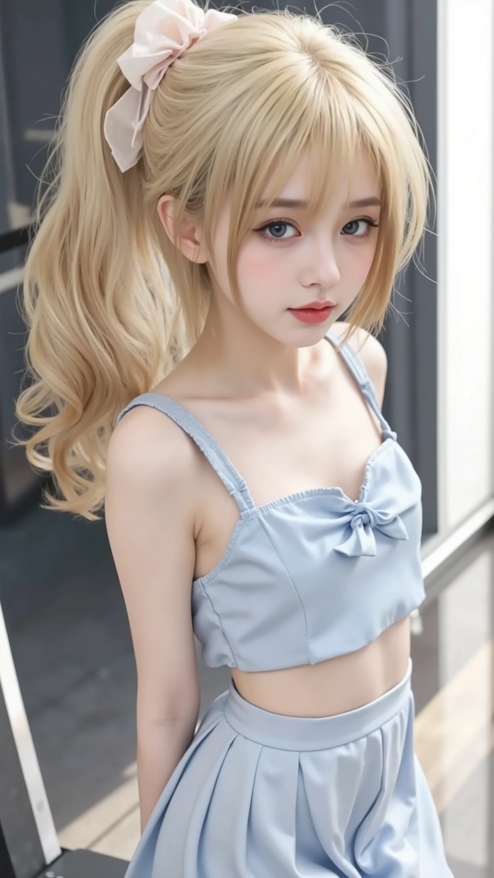 ガール with blonde hair and blue eyes in a blue top, Loli Dress, seductive girl , Cute Girl , pretty girl , beautiful girl , attractive girl , blonde ガール with long waved hair, cute girl wearing a nice dress, cute girl visual, Tiny Curved Lori, young girl , (Slender Body Line), tight waist, thin thighs, sexy, Highest Quality, 8K, RAW pictures, ultra high definition