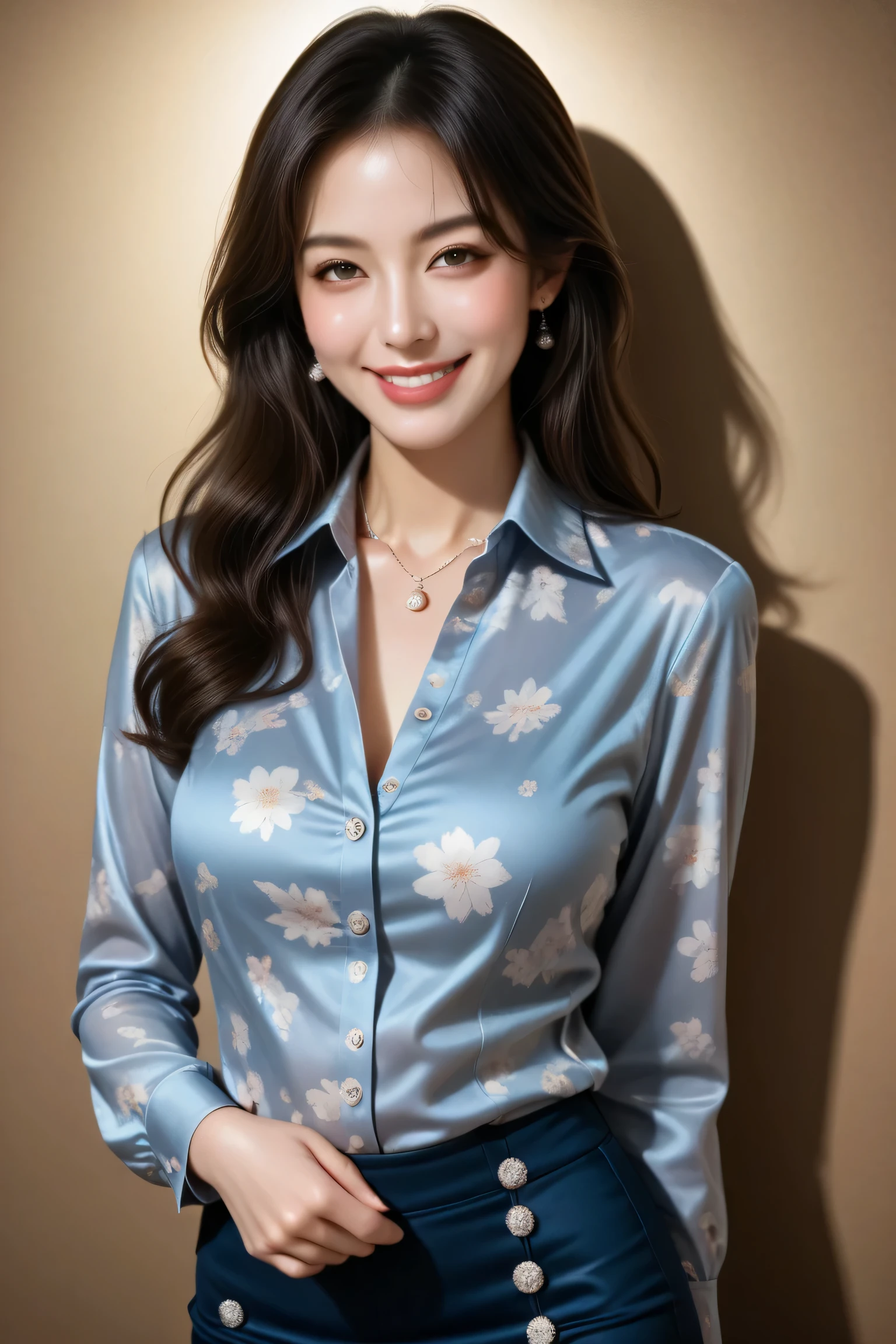score_9, score_8_up, score_7_up, masterpiece, best quality, 1girl, Japanese woman, early 40s, cowboy shot, elegant, confident pose,
floral blue silk blouse with pearl buttons, tight black mini skirt, refined silhouette,
intelligent smile, full lips, soft wavy black hair, porcelain skin,
minimalist gallery background, soft dramatic lighting, direct gaze, sensual & intellectual