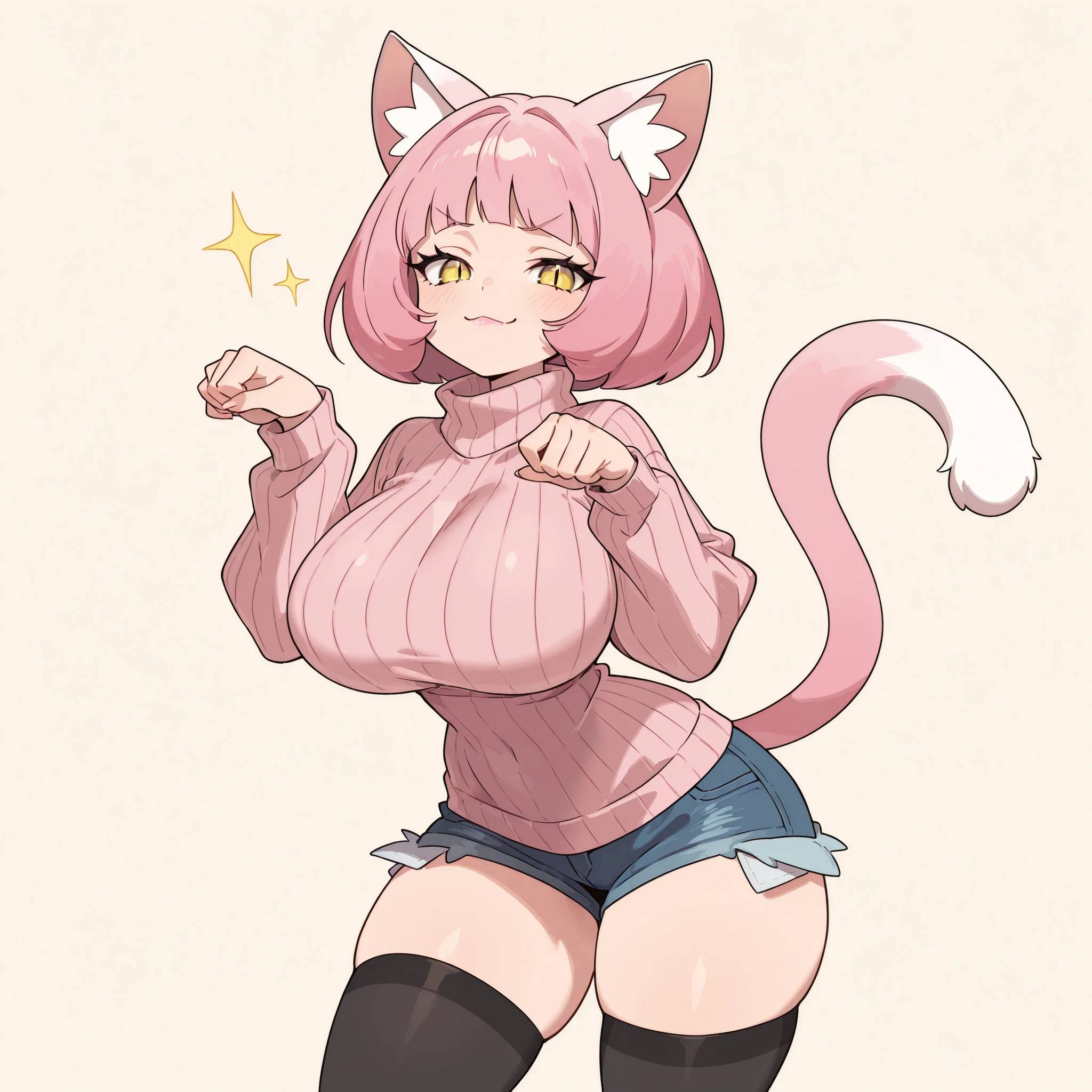 masterpiece, ultra-HD, impressionism, high detail, best quality, very aesthetic, 8K, best quality, beautiful, ultra-high resolution, 32K UHD, sugimorixd, 1girl, solo, short messy pink hair, bob cut, yellow eyes, slit pupils, almond-shaped eyes, eyelashes, black eyeliner, cat ears, cat tail, pink lips, huge breasts, narrow waist, wide hips, thick thighs, shapely legs, slim, pink ribbed turtleneck baggy sweater, denim shorts, black thigh high socks, blushed, smirk, smug, :3, cute, paws pose, standing, looking at the viewer, simple background, front view