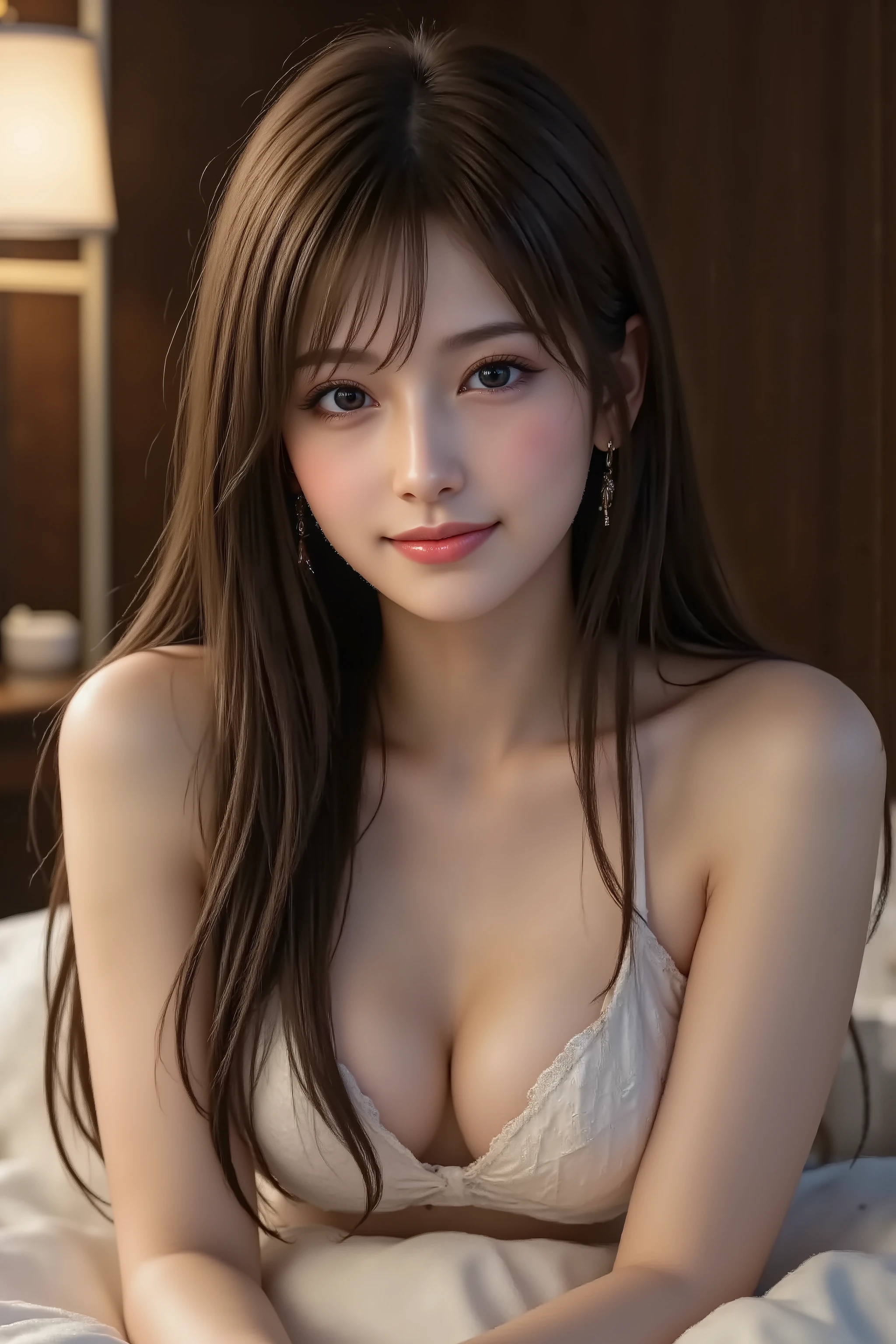 1girl, long hair, bungs, off shoulder, from front, full body, big breasts, Seductive pose, Has a captivating look, on bed at night