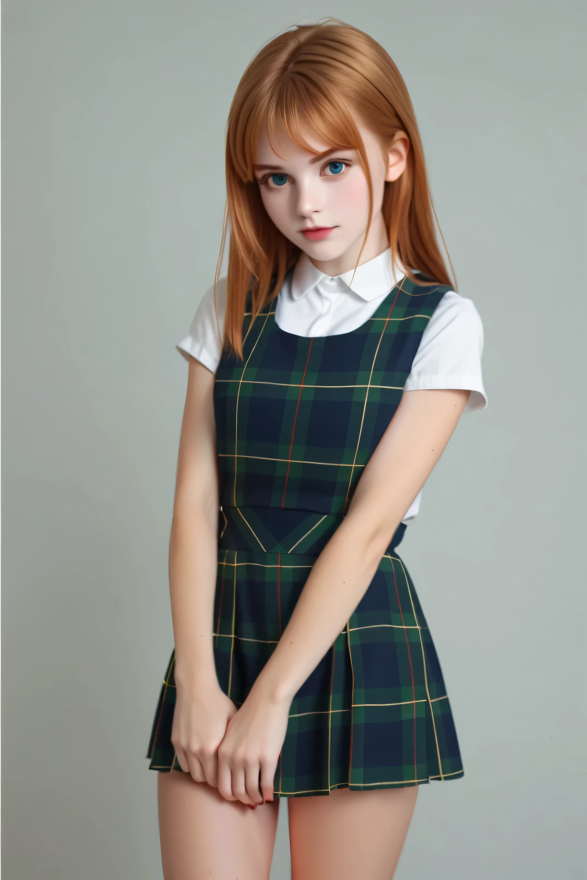 A (cute young girl:1.4) stands in a simple studio setting, characterized by a neutral gray background that accentuates the protagonist's attire. She has short, dirty blonde hair with swept bangs. She wears a perfectly ironed white short-sleeved blouse, under a plaid pinafore jumper. The jumper features a classic tartan print, combining bold green, navy, and subtle red stripes that crisscross in neat lines, adding a traditional and elegant touch. The skirt of the jumper flares slightly at the hem, enhancing its youthful and playful appearance. Her posture is demure, with her hands gently crossed in front of her. The overall composition is well-lit, with soft lighting that ensures the colors and details of her clothing are vibrant and clear, creating a calm and serene atmosphere.