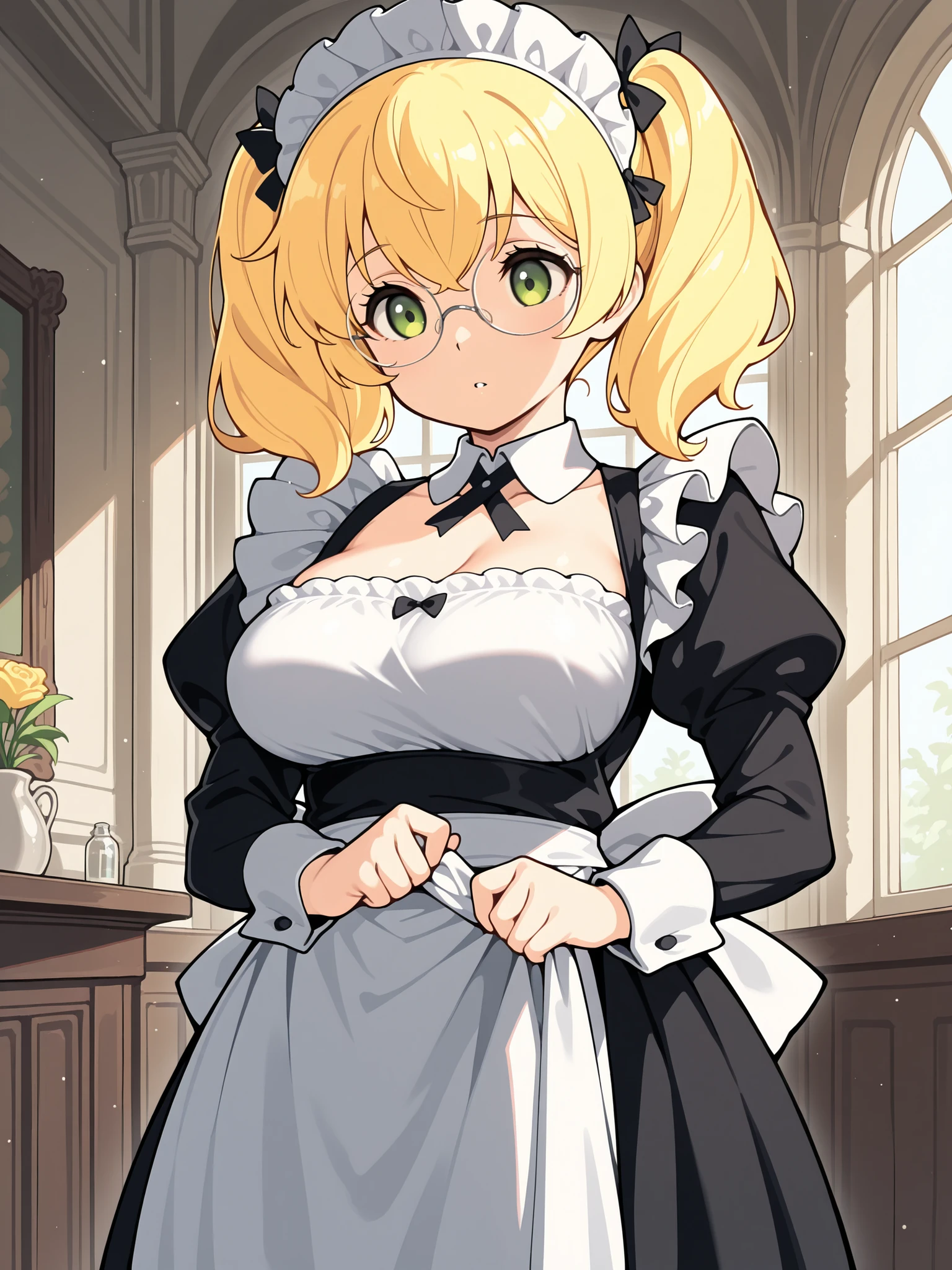 (masterpiece, Upper parts), incredible quality, muy estético, absurd, high resolution hairstyle, NEW , HDR-10, 8K, cinematic, professional photo, chica, (((Shortstack clothing :1))), , Shortstack clothing, (Small but curvy), glasses, dressed as an anime French maid, blonde, Green Eyes, Standing cleaning, front view, (((innocent expression))), (((neckline))), impressive, Mansion environment, visto de frente, It is being observed, subsurface dispersion, translucent, brilliant, SSS, of the highest quality, atmospheric haze , IllustrationsP0s  , (super quality:1.2),  very excited