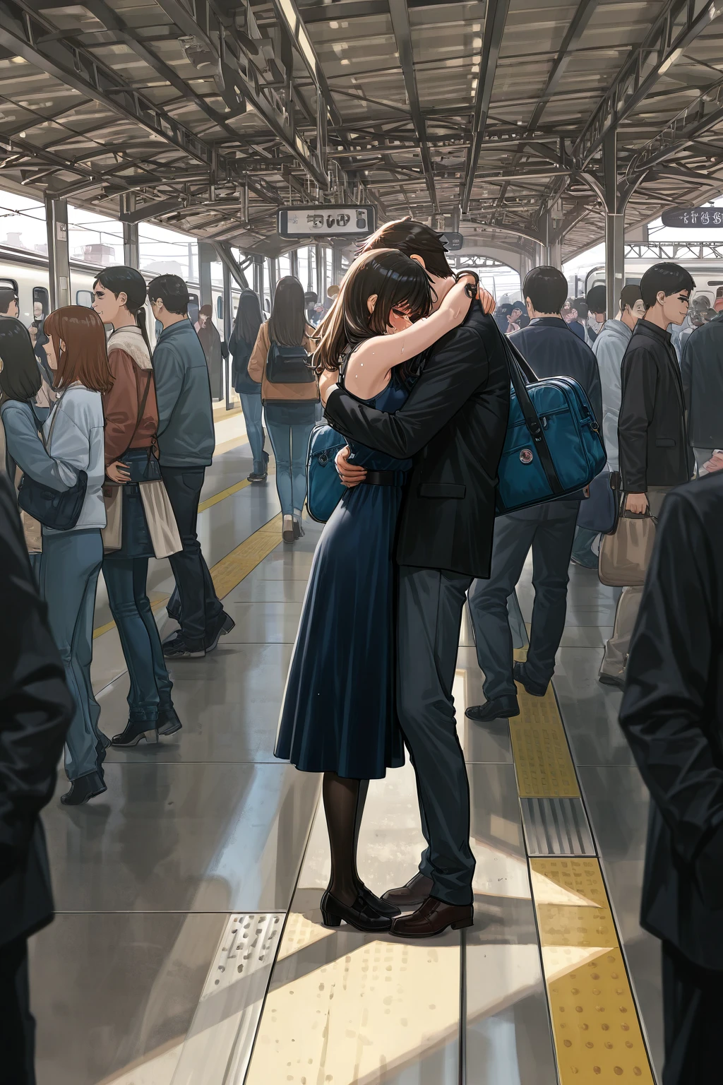 SFW, realistic, masterpiece, VERY crowded subway train interior detailed scenario, VERY crowded subway train interior detailed background, standing insanely hot (Indian woman 1) using  , (big ), (thick thigths), (fear expression), blhushed face, young man kissing  woman 1 ,(((young man kissing  of woman 1 back))) and (((holding her waist behind her)))