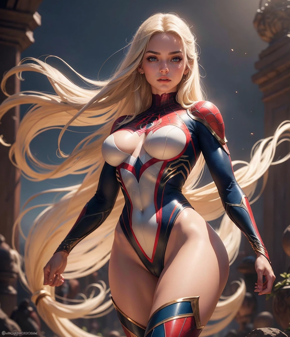 ((masterpiece, best quality, ultra-detailed, ultra-HD, photorealistic, cinematic)), (masterpiece:1.0), (best_quality:1.2), ((Full body photo)). Emily/woman is standing, (Spider-Man/Ultraman hybrid costume with blue jewelry on the breastplate/extremely tight on the body/extremely exhibitionist:1.2)), wearing (red lipstick on the mouth:1.0), full body view, facing the viewer, hand on ????, legs parted, confident stance, proud stance, smiling, posing. She has (long blonde hair, slick:1.5) and (blue eyes:1.5), Mortal Kombat, anime, framed, symmetry, 16k, best quality, super detail, textured skin, UHD,  (chubby:1.2), (????????????:1.4),  (wide ????:1.3)