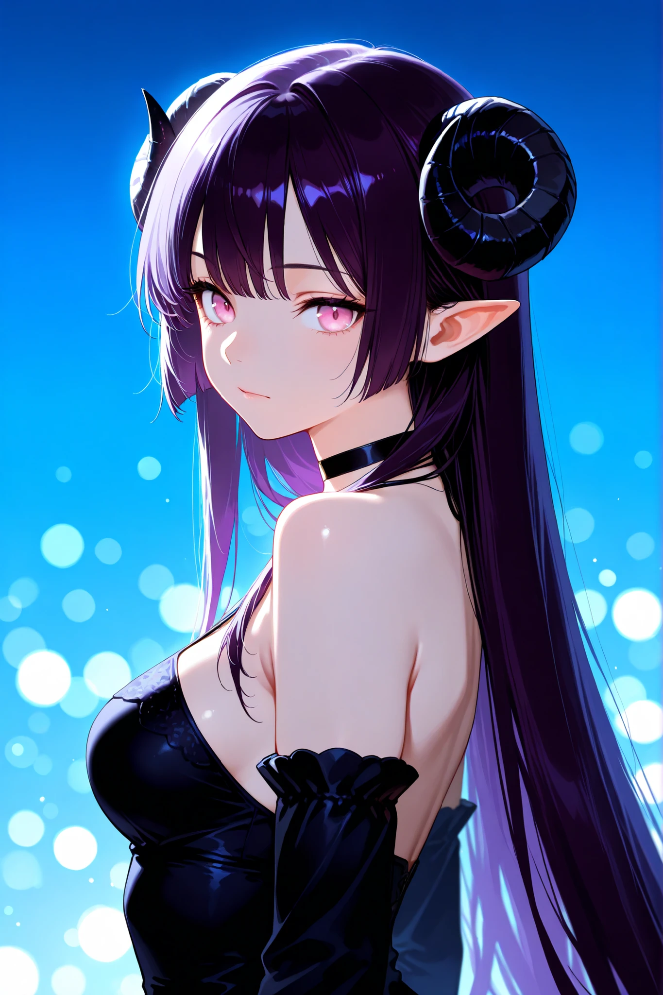 1girl, solo, long hair, pointy ears, looking at viewer, dark purple hair, bare shoulders, upper body, horns, light pink eyes, dress, choker, curled horns, straight hair, breasts, detached sleeves, black dress, nose, from side, eyelashes, looking to the side, demon girl, light particles, blue background, backlighting, gradient background, bokeh,
masterpiece, best quality, good quality