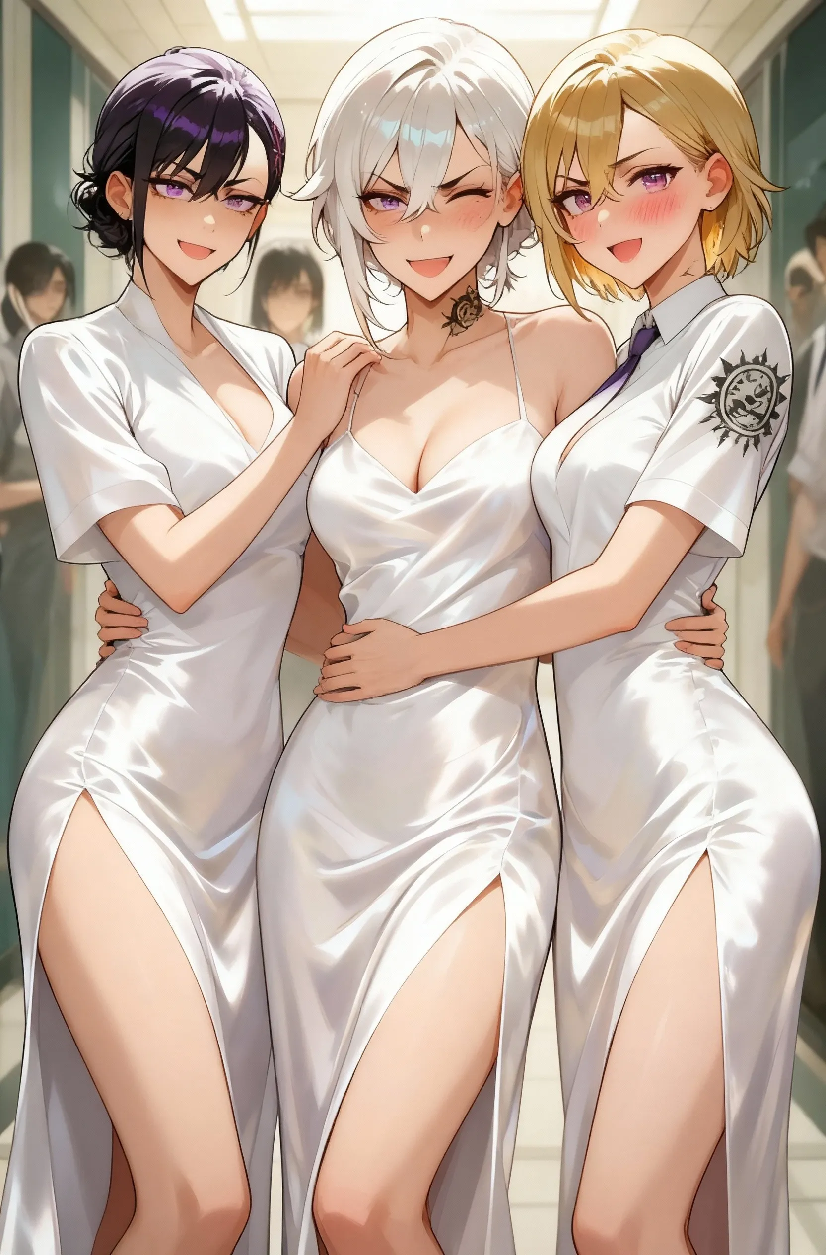4 girls、（multipel Girls)Top image quality、posh，Short hair details，Side breasts，ssmile，（Slip dress)，Masterpiece Best Bust、Bust 100、high high quality、visual art、background and japan