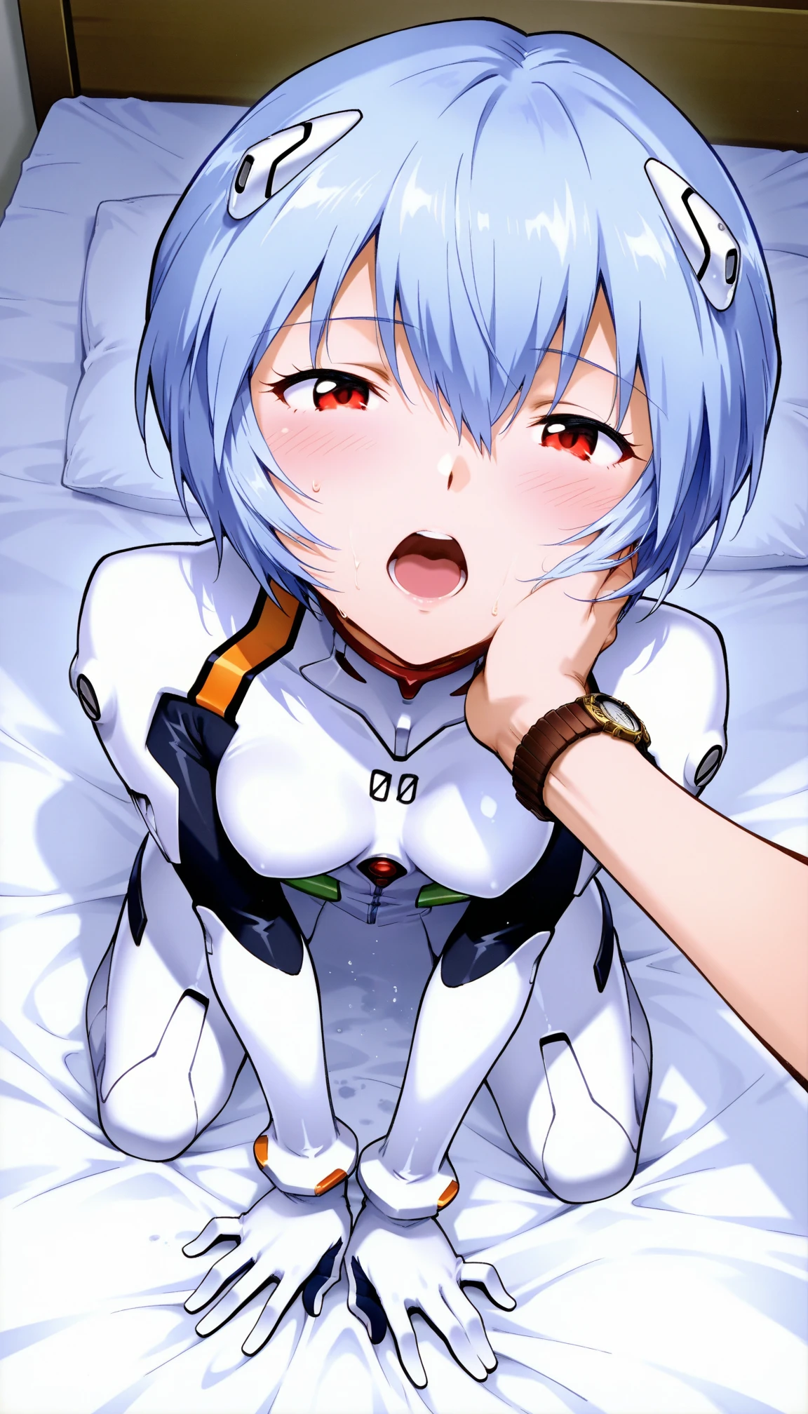 Evangelion＿Rei Ayanami、Blue Hair、One girl、Plug Suit、solo、Sleeping expression、Feeling facial expression、blush、Open your legs、Leg spread、Pussy、Thick white love juice、Drip a large amount of love juice、Close ~ eyes、Open your mouth、、Kindergartener's body、low length、Child's 、Put your finger in、masturbation behavior、Sweat、Nipples can be seen through the top of clothes、Nipples standing from the top of the clothes、Huge breasts、Big Breasts、orgasm、Intense masturbation、Big Ass、insertion、Sleep、Squirting、Nipples are 