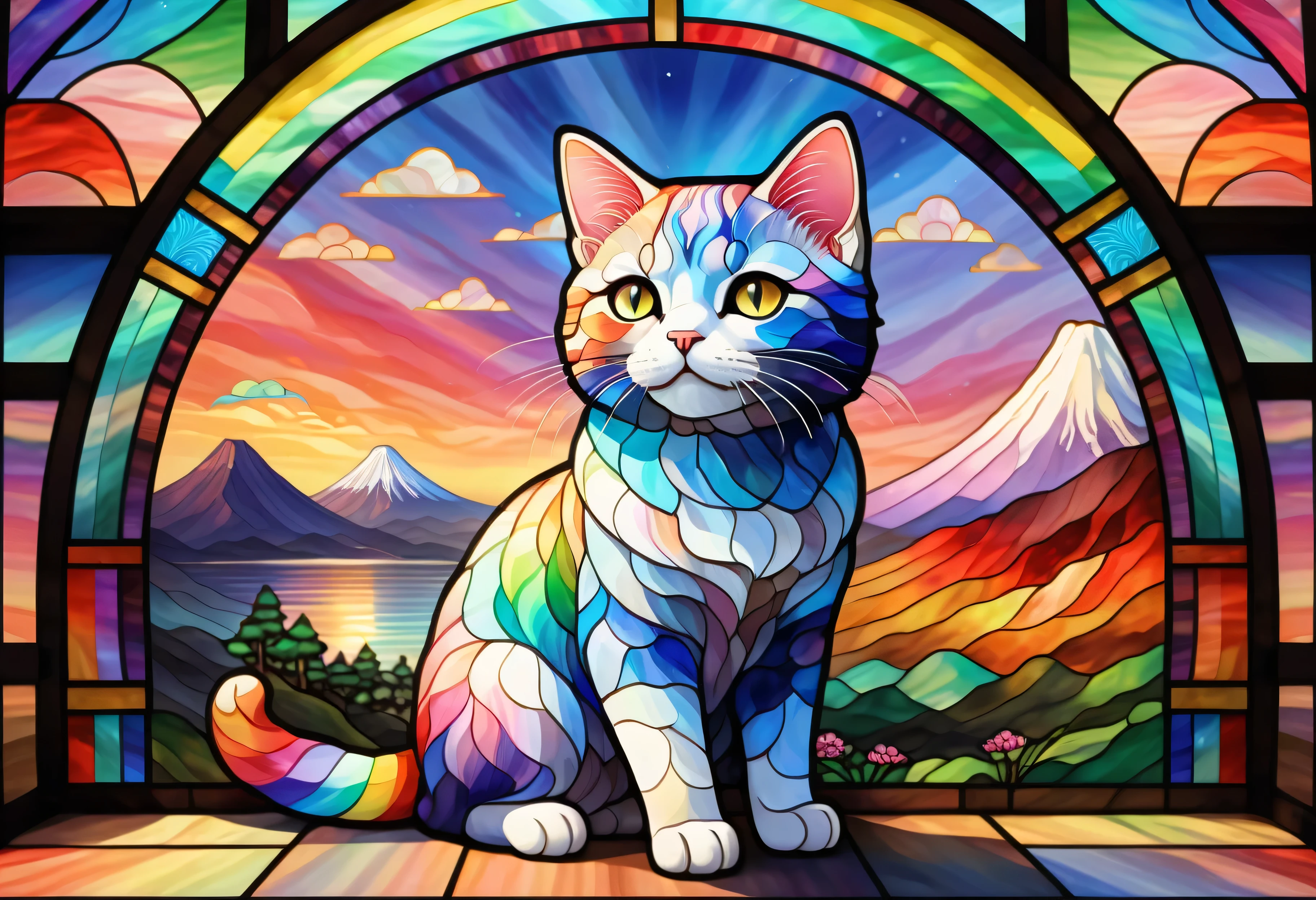 cute cat,Full Body, Rainbow , 2D stained glass window, stained glass styleの窓枠 . 背景にRainbowの富士山と鳥居,Japanese Culture, stained glass style, pastel color scheme, high resolution, Highest Quality, skirt