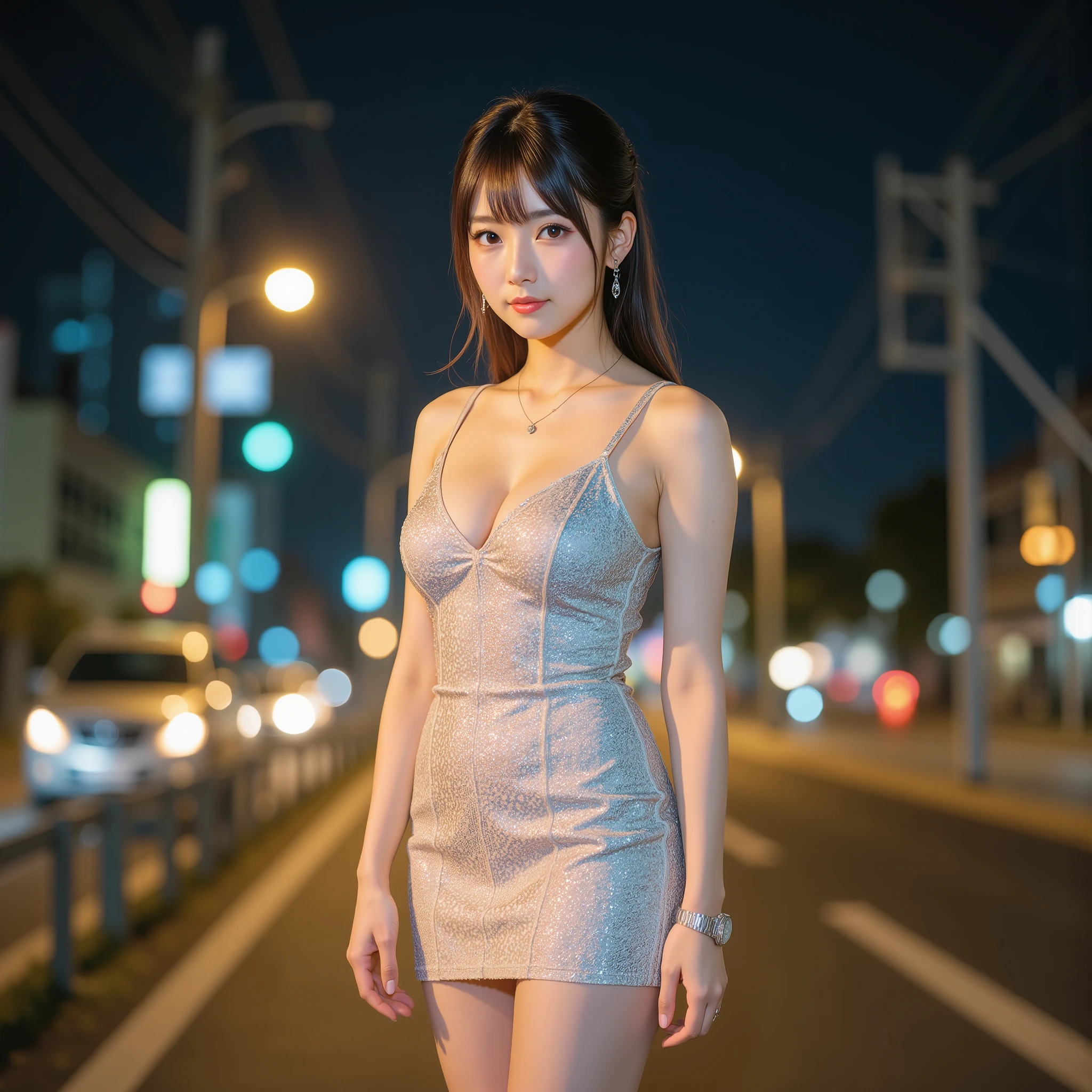 (greatest masterpiece:1.10, Surrealistic:1.5), (Professional RAW photo v:1.5), (Wide photo of a beautiful woman standing under a streetlight:1.8),(Extremely Detailed Clear Focus:1.5), Movie Lighting, ((full body shot with mahiru:1.4)), BREAK, 
, ((super tight fall sleeveless knit that fits the skin:1.2), pastel miniskirt and boots, (The background is a seaside road with street lights illuminating her to accentuate her beauty:1.10), (super detailed beautiful face:1.2), (super detailed beautiful slim body:1.5), 26 years old, (super detailed:1.4), (cute smile:1.3), Woman in the center of the image, BREAK, 
( Super Detailed Symmetrical Brown Big Eyes , Ultra-detailed eyelashes, Super Detailed Double Eyelids,  Super Detailed Beautiful Thick Glossy Lips ), (beautiful teeth), BREAK, 
(super detailed white fine glowing skin:1.5), glossy skin , BREAK, 
((ponytail from the front, asymmetrical bangs, Super detailed, beautiful, shiny hair:1.5)), light brown hair, BREAK, 
(perfect anatomy:1.10)), (bare hands, Barefoot:1.5), (watch viewers:1.5), thin waist, BREAK, 
((super detailed beautiful breasts facing upwards, Deep cleavage of F-cup breasts:1.4)), deep v-neck, BREAK, 
 small diamond earrings , small diamond necklace, BREAK,
