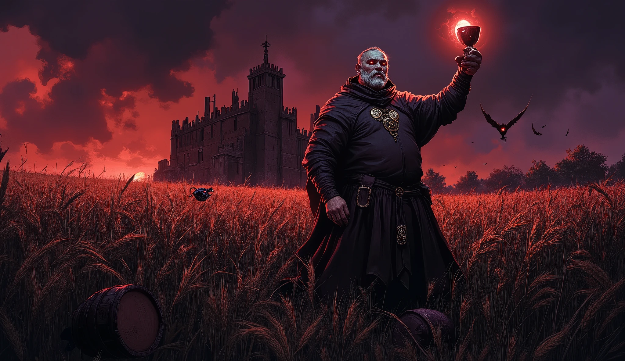 High-resolution image of a barley field eerily illuminated by a red moon that hangs low on the horizon. Grains, altos e densos, they undulate unnaturally even without wind, as if responding to an unseen presence. No centro da cena, a Benedictine monk with traditional tonsure and a round, bulging belly that visibly stretches his black habit is standing among the plants. Her round, pale face displays a distorted expression of devotion, with eyes penetrating and dark that glow with forbidden knowledge. A thin line of cruel smile cuts across his face as he raises a chalice adorned with pagan symbols. The black liquid inside the cup seems as thick as petroleum, reflecting the red light of the moon with an unnatural glow while small bubbles burst on its surface. The traditional Benedictine habit of the monk, with his scapular and hood, is impeccably clean except for dark spots on the sleeves and bar, where the viscous liquid splashed during some previous ritual. Strategically scattered across the field in a pattern that suggests a hidden symbol, robust darkened oak barrels with oxidized iron rims are ritually positioned. Some remain sealed with black wax marked with symbols, while others are open, leaking abundantly the same black liquid that forms smoky pools, killing vegetation and making the soil bubble up where it touches. Among the barley stalks, elongated shadows move at abnormal speeds, always on the periphery of vision. Glowing red eyes flash momentarily among the plants, watching the monk with apparent hunger. Ao fundo, a Benedictine Gothic abbey rises against the night sky, its towers and classical structure now corrupted with blasphemous architectural additions. The building emits a putrid glow from the broken stained glass windows, and gargoyles that did not belong to the design They seem to accompany the original with their eyes any movement