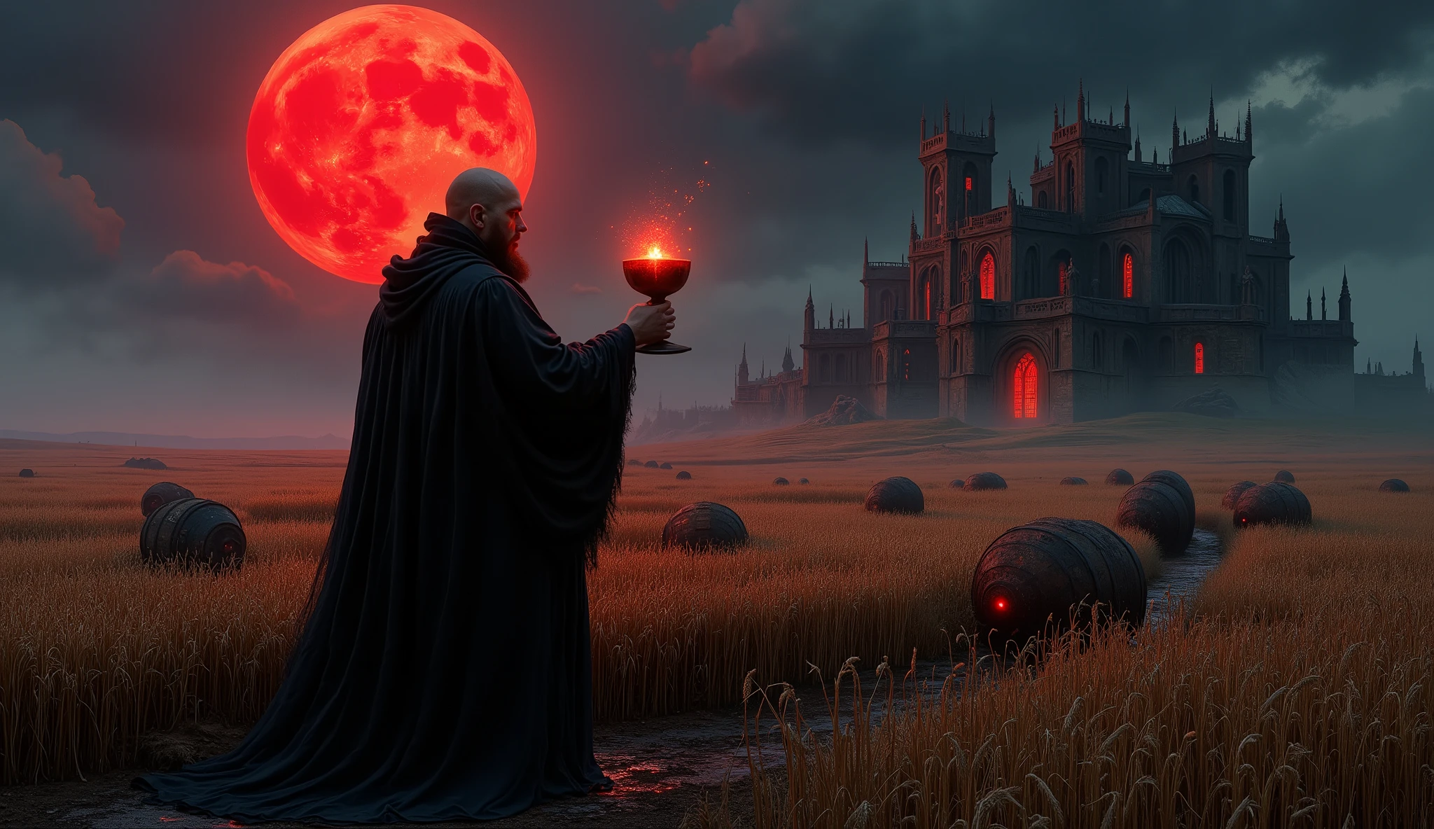High-resolution image of a barley field eerily illuminated by a red moon that hangs low on the horizon. Grains, altos e densos, they undulate unnaturally even without wind, as if responding to an unseen presence. No centro da cena, a Benedictine monk with traditional tonsure and a round, bulging belly that visibly stretches his black habit is standing among the plants. Her round, pale face displays a distorted expression of devotion, with eyes penetrating and dark that glow with forbidden knowledge. A thin line of cruel smile cuts across his face as he raises a chalice adorned with pagan symbols. The black liquid inside the cup seems as thick as petroleum, reflecting the red light of the moon with an unnatural glow while small bubbles burst on its surface. The traditional Benedictine habit of the monk, with his scapular and hood, is impeccably clean except for dark spots on the sleeves and bar, where the viscous liquid splashed during some previous ritual. Strategically scattered across the field in a pattern that suggests a hidden symbol, robust darkened oak barrels with oxidized iron rims are ritually positioned. Some remain sealed with black wax marked with symbols, while others are open, leaking abundantly the same black liquid that forms smoky pools, killing vegetation and making the soil bubble up where it touches. Among the barley stalks, elongated shadows move at abnormal speeds, always on the periphery of vision. Glowing red eyes flash momentarily among the plants, watching the monk with apparent hunger. Ao fundo, a Benedictine Gothic abbey rises against the night sky, its towers and classical structure now corrupted with blasphemous architectural additions. The building emits a putrid glow from the broken stained glass windows, and gargoyles that did not belong to the design They seem to accompany the original with their eyes any movement