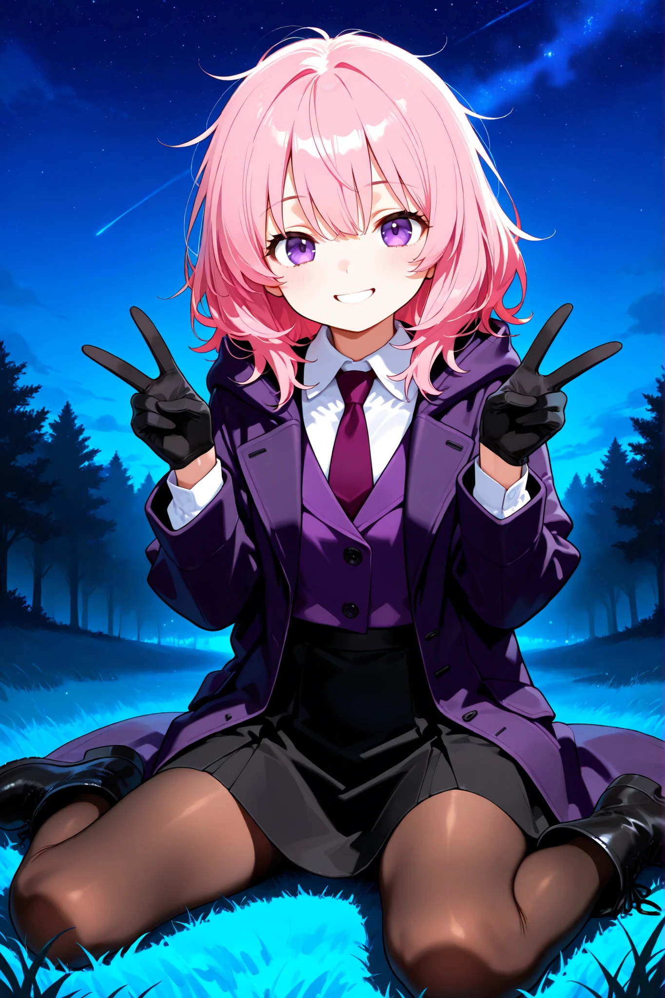 1girl, purple eyes, pink hair, messy hair, medium hair, white shirt, collared shirt, necktie, black coat, black boots, black gloves, black thighhighs, brown pantyhose, thighhighs over pantyhose, black skirt, purple jacket, sitting, wariza, v, double v, smile, looking at viewer, night, grass, starry sky, on ground,
masterpiece, best quality, good quality