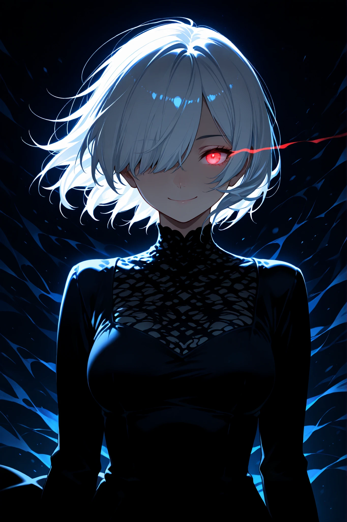 1girl, backlighting, black dress, glowing eye, hair over one eye, dress, medium breasts, nose, short hair, smile, solo, upper body, white hair, abstract background, dark, dark background, black theme, wind,
masterpiece, best quality, good quality