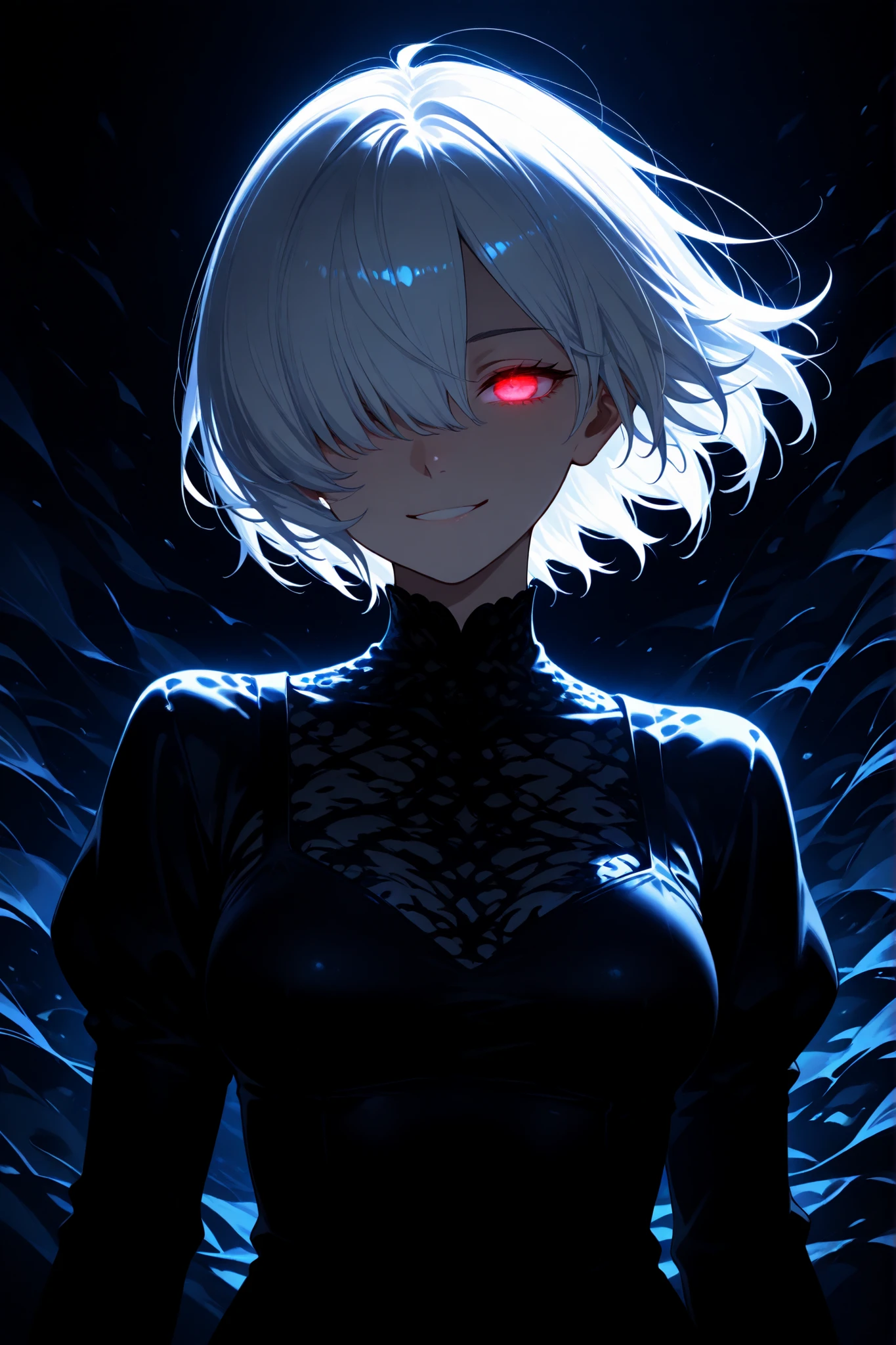 1girl, backlighting, black dress, glowing eye, hair over one eye, dress, medium breasts, nose, short hair, smile, solo, upper body, white hair, abstract background, dark, dark background, black theme, wind,
masterpiece, best quality, good quality