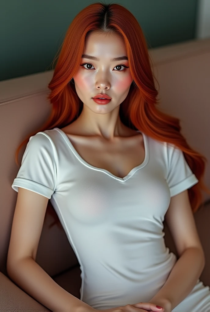  Korean with long red hair, cropped tirando selfie sexy 