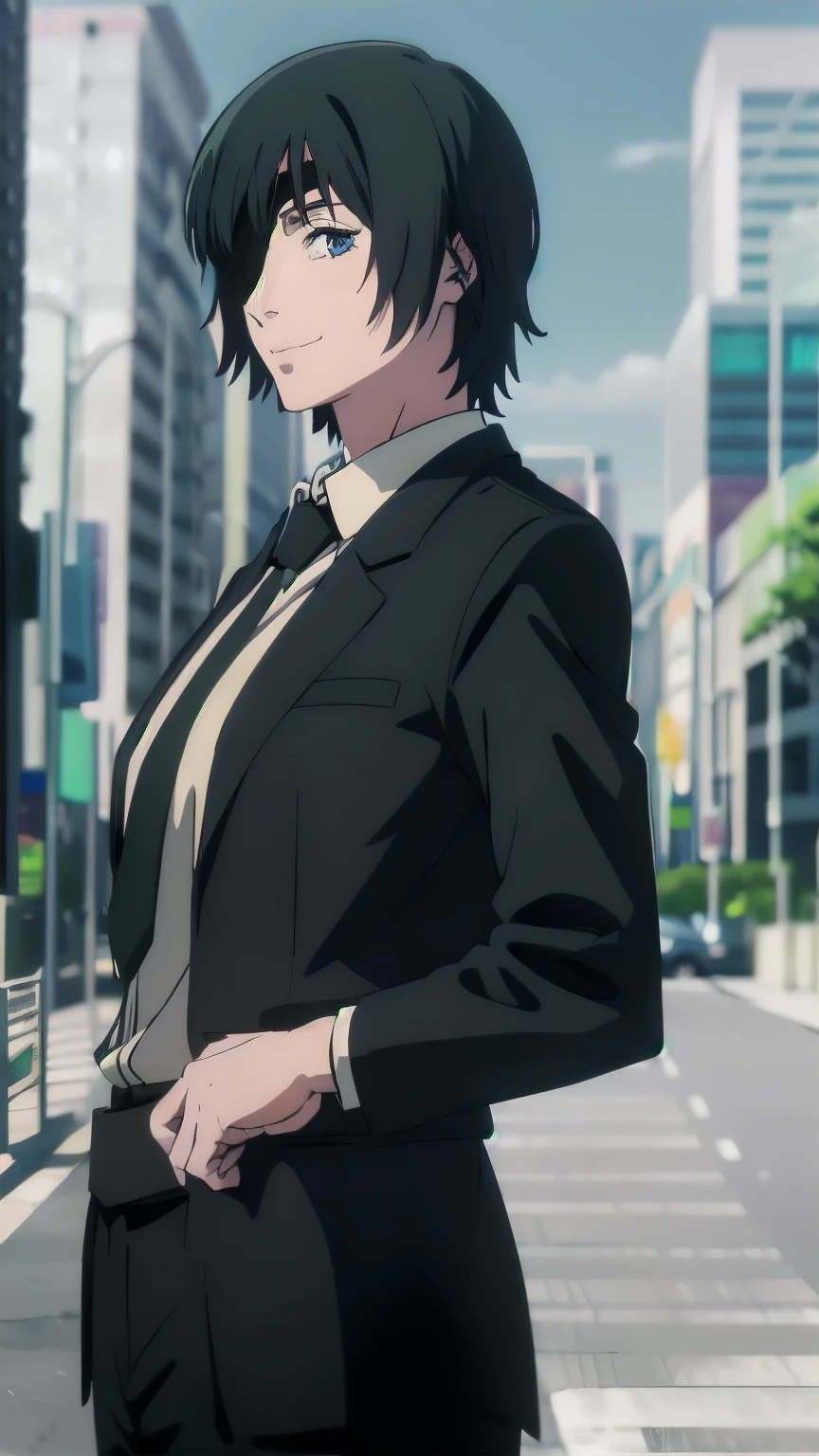 1girl, solo, facing viewers, watch viewers, upper body, smile, himeno, Eye patch, dark haired, blue eyes, medium hair,Bang, black tie, business suit, black pants, suit jacket, black suit,