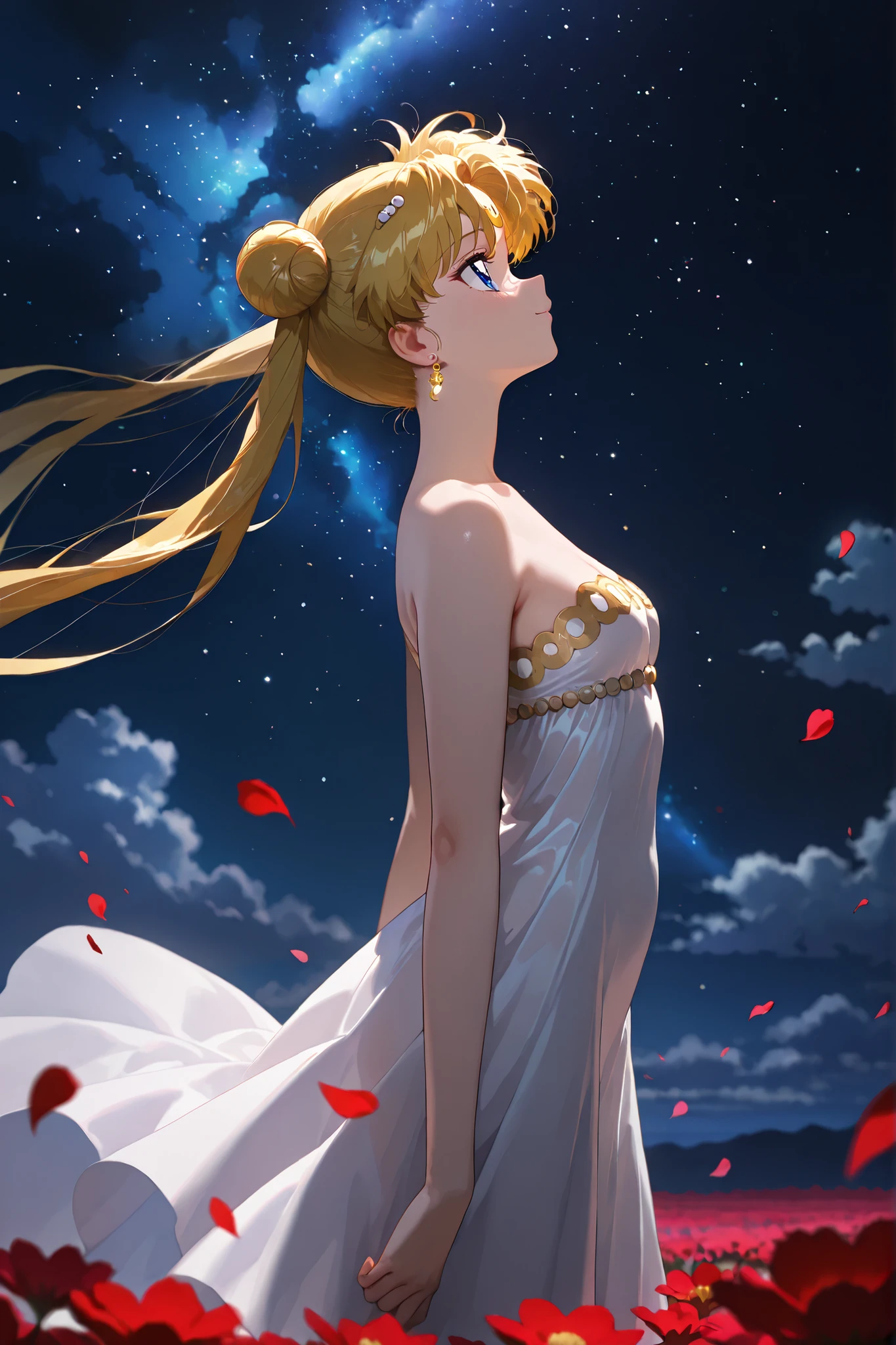 masterpiece, amazing quality, best quality, ultra-detailed, 8K, illustration, clear skin, ultra-detailed-eyes, soft skin, very awa, very as2, soft body, 1990s \(style\), official art, usagi tsukino, blonde hair, blue eyes, double bun, hair bun, long hair, twintails, parted bangs, small breasts, white dress, ((top quality)),(ultra-detailed), depth of field, cinematic lighting, detailed outfit, rich in details and textures, ((high-resolution)), ultra detailed, vivid colors, glistening skin:1.1), sexy and erotic, 1girl, solo, happy, tsurime, slender eyes, tall female, chinese hawthorn, looking at field, dynamic pose, hair between eyes, (hair ribbon:1.3), (beautiful detailed eyes:1.2), bellyfree, background filled with blooming Chinese Hawthorn (red hawthorn flowers), starry sky, clouds, atmosphere dreamy, serene, with cinematic composition, in field of Chinese Hawthorn, standing, profile shot, looking up, very windy, floating hair, floating skirt, pantie flasher, happy expression, flying petals, (simple studio background, out-of-focus gray:1.2) lighting,masterpiece,best quality,amazing quality,very beautiful,high resolution, super detailed, ridiculous, latest,depth of field, best quality,anime coloring, dark, dim lighting, dark background