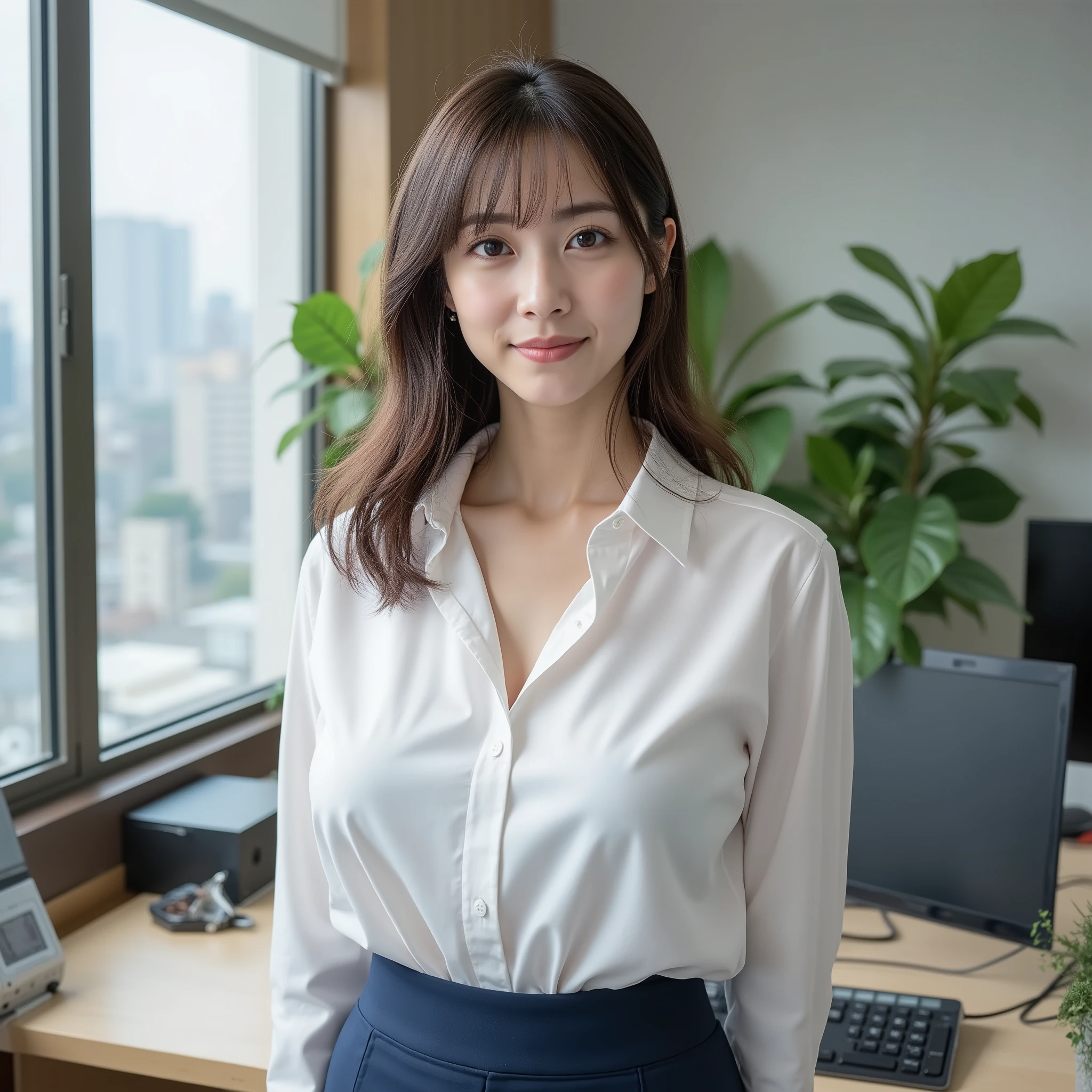 『1 Japanese woman:1.3』『raw photo:1.3』Highest Quality:1.2、An ordinary woman, not a beautiful woman, transported to another world. 、Country-smelling 、(Saggy Chest、narrow waist:1.2))、((35 year old woman))、without makeup『20 year old Japanese adult woman:1.2』、(((anatomically correct、perfect anatomy、anatomically correct指)))、Realistic, Highest Quality, 超high resolution, RAW photo, (thin waist:1.5)、Saggy Eyes、Round face outline、((cowboy shot:1.3))、Full Body、head to toe、画角にFull Body、Show your feet、Long Shot、drawing composition、no missing hands and feet、
(( masterpiece,  Highest Quality,   best image quality  ,  high resolution ,  realistic,  original pictures,  very detailed CG uniform 8K wallpaper )), 1 Japanese girl from above at close range,  unique  , A beautiful young woman , 20 years old,   realistic皮肤纹理,  shiny skin , office for 1 day，  ID, white shirt，dark blue pencil skirt、 Perfect Body , Big Natural Breasts,  proud expression , piercing her deep，Full Body,，Horizontal copier、There is a large window in the back and you can see the cityscape from the upper floors、Houseplants、desktop computer