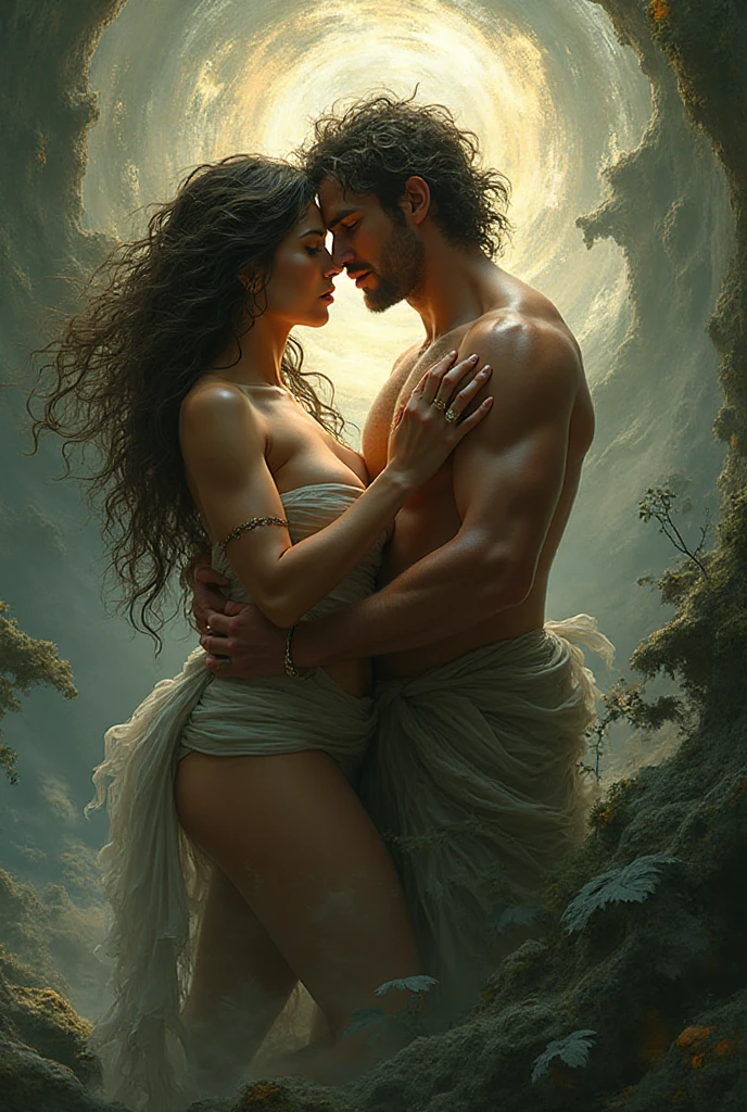 A painting A man and a woman standing close to each other, with their faces pressed together as they share a kiss. The man is wearing a chain around his neck, adding a touch of elegance to the scene. The woman is wearing a white dress, which contrasts with the man's attire. The couple is surrounded by a serene environment, as they are standing under a waterfall. The waterfall creates a sense of tranquility and adds a unique ambiance to the scene. The man and woman appear to be enjoying their intimate moment together, embracing the beauty of nature.