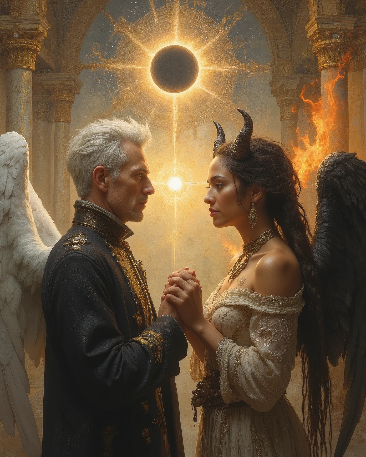 masterpiece, highest quality, super detailed, ultra-high resolution, best illustrations, 32k, ancient luxurious temple interior, dynamic lighting casting shadows on ornate columns, shining gold accents, glittering jeweled mosaics, impressionist style with visible brushstrokes, spiritual atmosphere, two powerful figures facing each other in perfect opposition, angel on left - handsome 40-year-old man with aquiline features, short stylish white hair, wry expression, dark fancy high-collared coat, silver-white feathered wings, faint glowing halo, demon on right - beautiful 28-year-old woman with light brown skin, long braided hair, roguish grin, eclectic fashion mixing street style and designer pieces, dark horns, fiery raven wings, flames rising behind her, intense loving gazes between them, their hands nearly touching, massive energy vortex swirling around both figures, sun eclipse visible through temple window, symbolic representation of harmony between opposites, metaphysical transcendence, philosophical balance, perfect unity of light and darkness