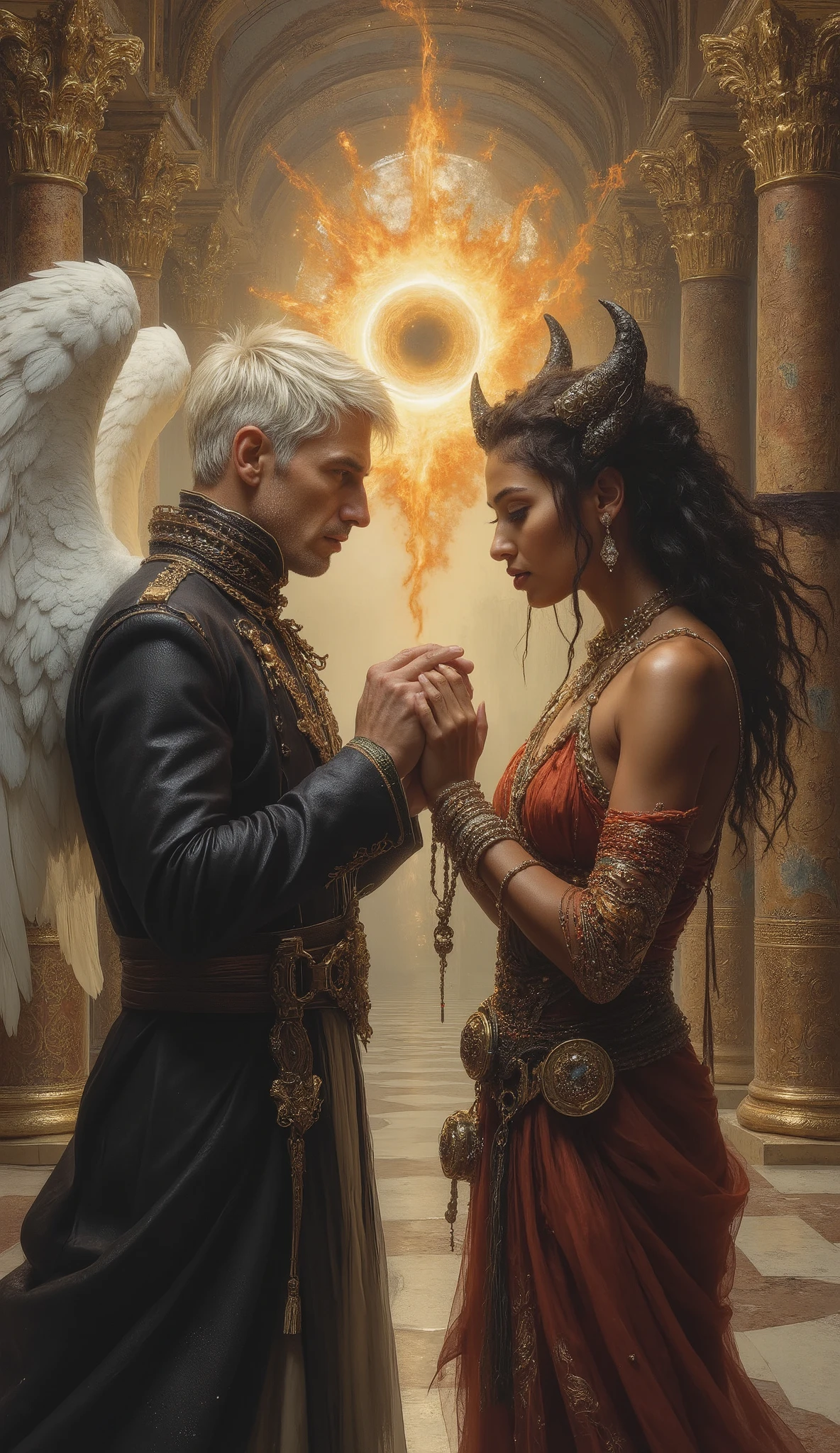 masterpiece, highest quality, super detailed, ultra-high resolution, best illustrations, 32k, ancient luxurious temple interior, dynamic lighting casting shadows on ornate columns, shining gold accents, glittering jeweled mosaics, impressionist style with visible brushstrokes, spiritual atmosphere, two powerful figures facing each other in perfect opposition, angel on left - handsome 40-year-old man with aquiline features, short stylish white hair, wry expression, dark fancy high-collared coat, silver-white feathered wings, faint glowing halo, demon on right - beautiful 28-year-old woman with light brown skin, long braided hair, roguish grin, eclectic fashion mixing street style and designer pieces, dark horns, fiery raven wings, flames rising behind her, intense loving gazes between them, their hands nearly touching, massive energy vortex swirling around both figures, sun eclipse visible through temple window, symbolic representation of harmony between opposites, metaphysical transcendence, philosophical balance, perfect unity of light and darkness