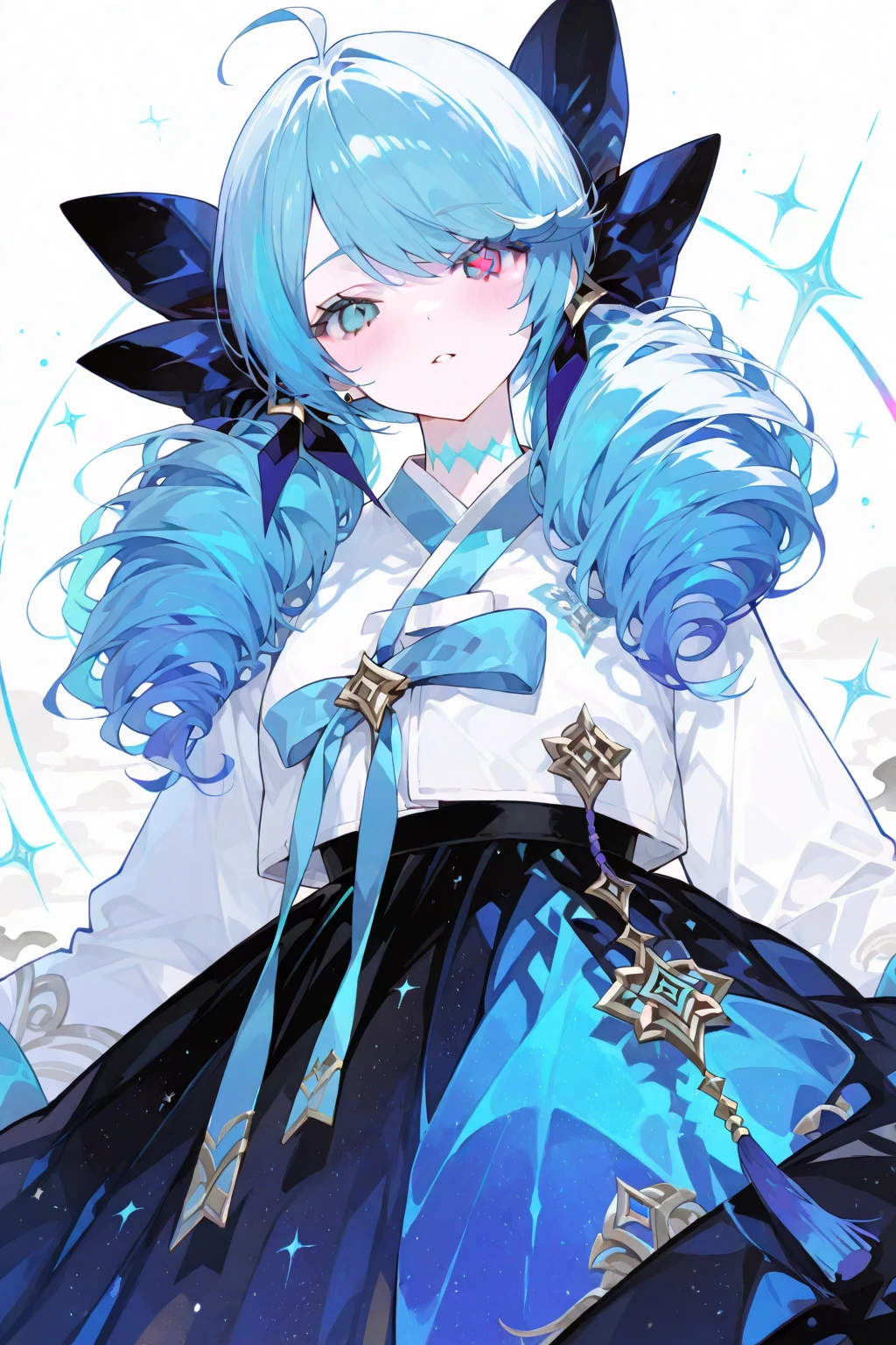 masterpiece, best quality, highres, 1girl, aalamy, long hair, streaked hair, ahoge, braid, beret, white headwear, hair flower, blue bowtie, , clothing cutout, white  shoulder, sleeveless, black corset, blue coat, snowflake print, fur-trimmed coat, , white thighhighs, brown belt, blue skirt, cowboy shot, standing, smile, outdoors,