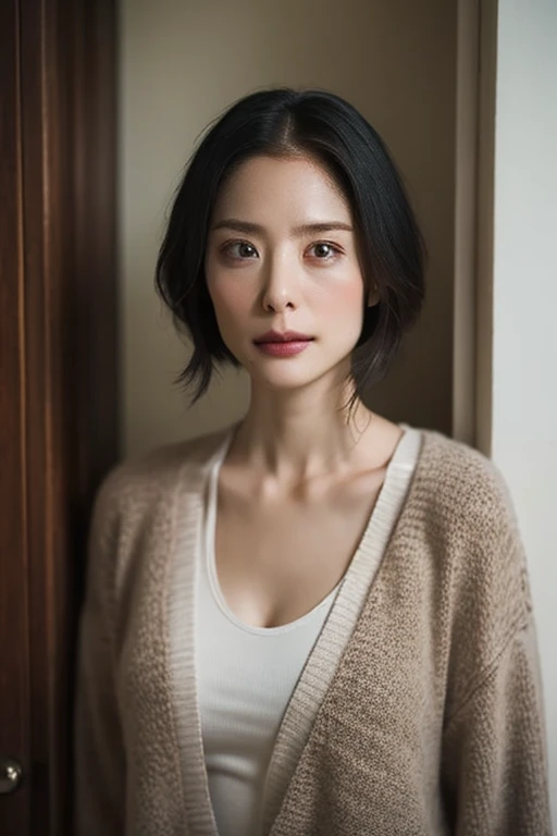 1 person、 Japanese Women、Age 35、 dark hair short hair、Beautiful 、 I'm wearing clothes that show my a little、An expression that makes you feel comfortable 、