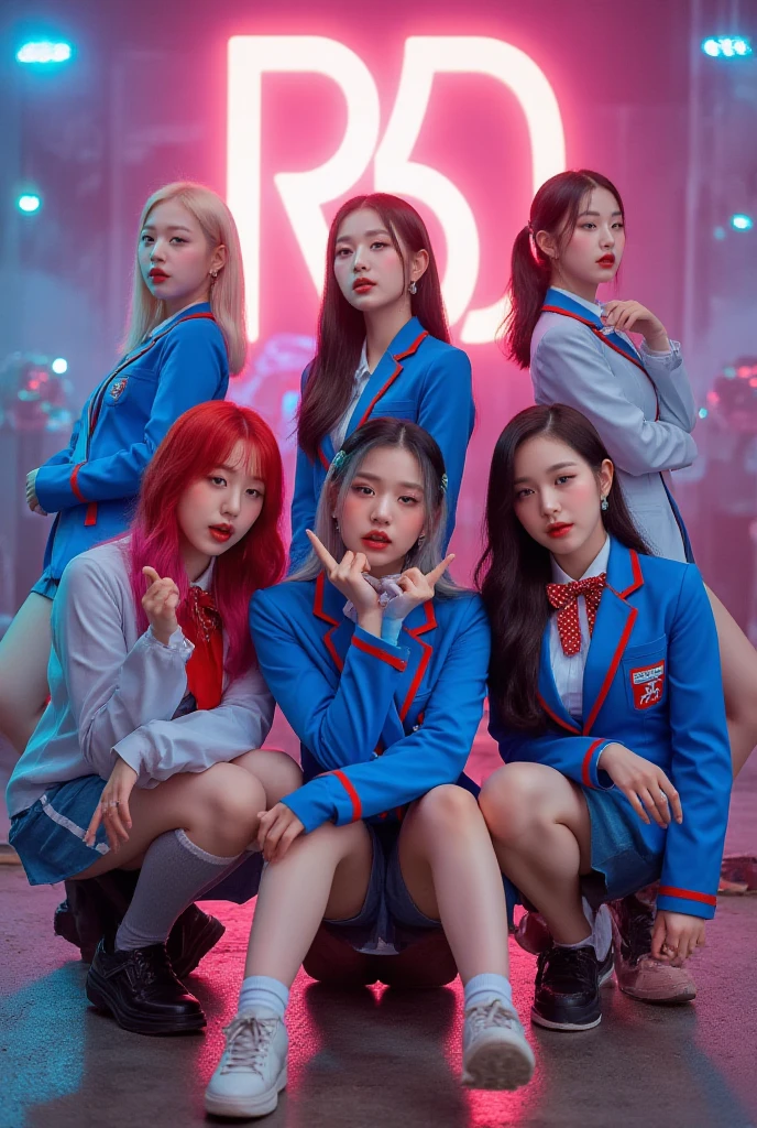 schoolgirl, beautiful detailed eyes, colorful, vivid colors, ((7girls: 1.5)), absurdity, top quality, striped hair, schoolgirl, latest fashion, (graffiti: 1.25), paint splatter, iridescent hair, paint on body