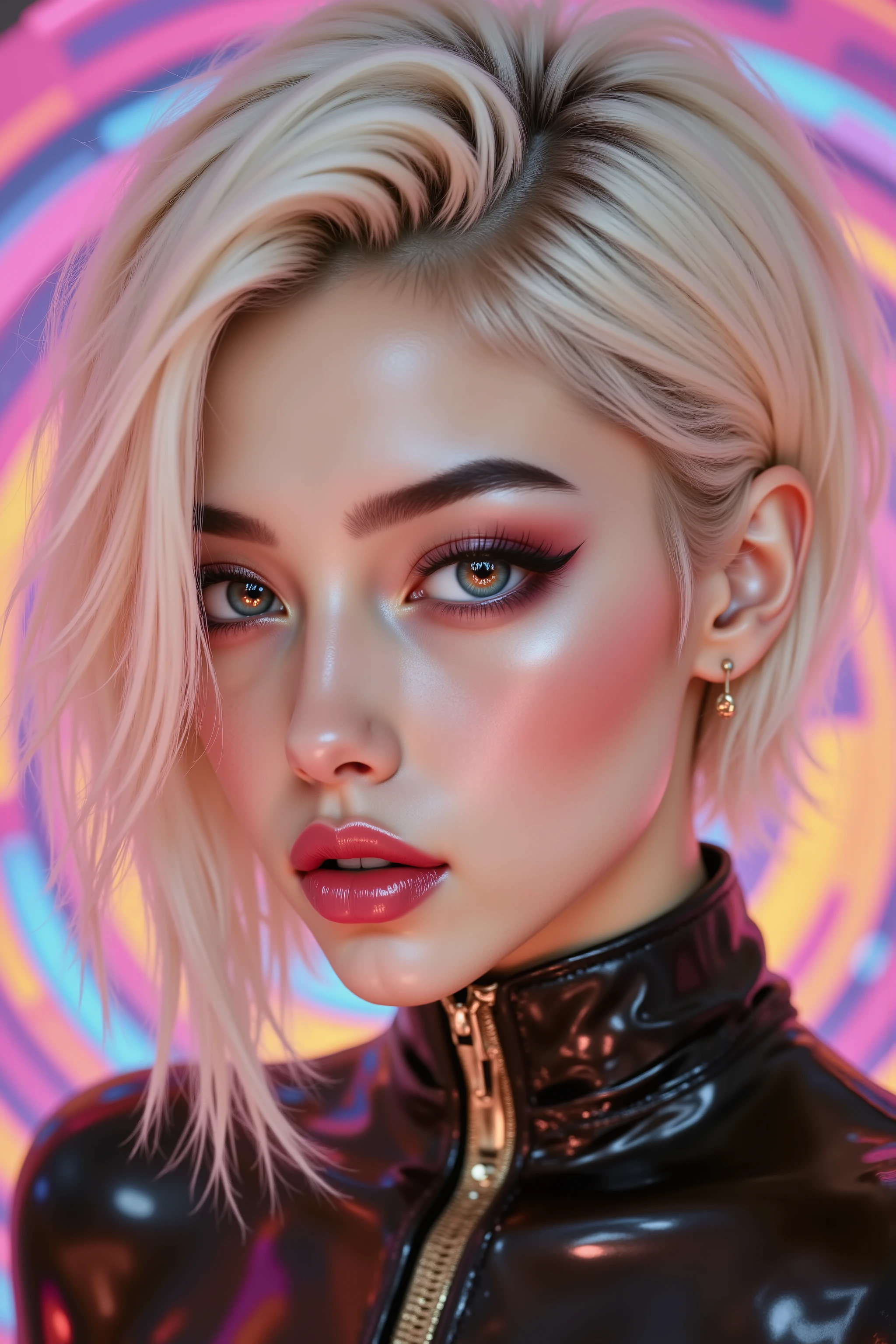  Ultra-realistic (photorealistic Realism), (intricately detailed digital art), (Key Directive: - ("The priority is the anatomical accuracy and texture of the materials" - "Ultra-sharp human eyes with biological accuracy")(cowboy shot:1.4), (ultra realistic texture details: velvety skin, hair), (blonde hair (very short hair:1.45)((slicked to one side:1.4)), intricately detailed:1.41), {"long Lashes: individual synthetic fibers (crosshatched roots:1 . 2 , clump-free separation)" - "(Carefully draw Long mascara:1.22)" [perfect dark eyeshadow:pink:1.2][glossy red lipstick:1.3], professional Magic Makeup on eyes:1.3, perfect composition}. ((no blurr eyes, Realistic browm eyes:1.4), intricately detailed:1.35) "ultra details Eyes: (acid-resistant terminology) (macro-details:1 . 5): * Moist corneal surface (visible aqueous layer:1 . 2) * [Ultra-detailed iris stroma ((brown) with gold flecks)] * Precise limbal ring (slightly darker pigmentation:1 . 22) * Pupil micro-texture (irregular edge authenticity:0 . 9) * Vasculature in sclera (subtle red veins radiating from limbus)" Technical Specs: (Optics: - "Zeiss Otus85mm f/1 . 4 lens (eye refraction calculations:1 . 3)" - "Shutter Speed:1/500 (freeze eye micro-movements)" - "Focus Stacking:7-point coverage on iris plane") Post-Processing: - "Frequency separation for skin vs eye details" - "Selective sharpening: eyes170% , hair150%" - "Denoise: luminance20 , color35 (retain corneal speculars)" (Avoid: "pupil distortion , uncanny valley asymmetry , plastic-like wetness"). (skinny body build),(perfect hot model body:1.4). {"psychedelic background,voronoi backround"}.