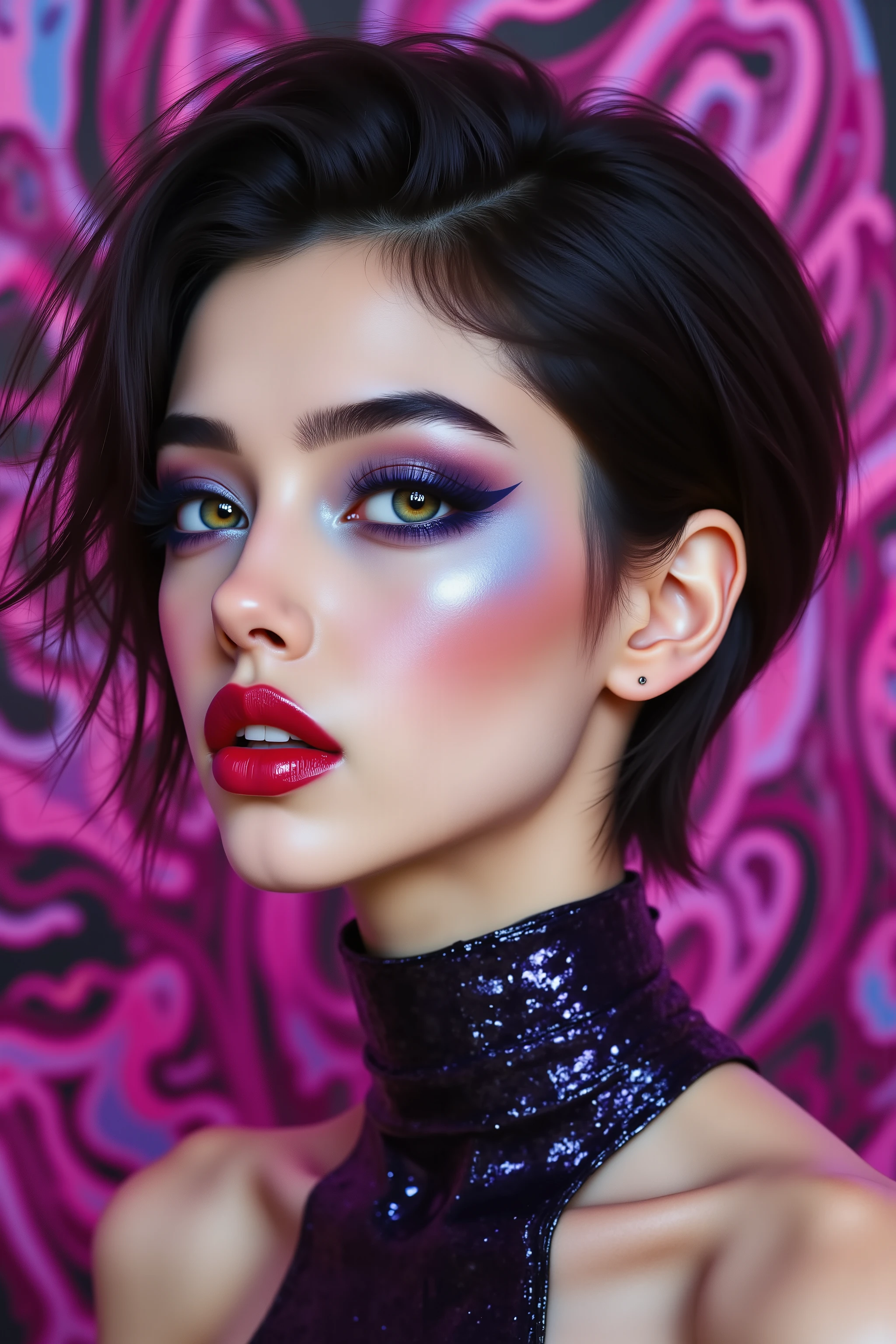  Ultra-realistic (photorealistic Realism), (intricately detailed digital art), (Key Directive: - ("The priority is the anatomical accuracy and texture of the materials" - "Ultra-sharp human eyes with biological accuracy") (ultra realistic texture details: velvety skin, hair), (dark hair (short hair:1.29)((slicked to one side)), intricately detailed:1.3), {"long Lashes: individual synthetic fibers (crosshatched roots:1 . 2 , clump-free separation)" - "(Carefully draw Long mascara:1.22)" [perfect dark eyeshadow:blue:1.2][glossy red lipstick:1.3], professional Magic Makeup on eyes:1.3, perfect composition}. ((no blurr eyes, Realistic green eyes:1.4), intricately detailed:1.35) "ultra details Eyes: (acid-resistant terminology) (macro-details:1 . 5): * Moist corneal surface (visible aqueous layer:1 . 2) * [Ultra-detailed iris stroma ((green) with gold flecks)] * Precise limbal ring (slightly red pigmentation:1 . 33) * Pupil micro-texture (irregular edge authenticity:0 . 9) * Vasculature in sclera (subtle red veins radiating from limbus:1.13)" Technical Specs: (Optics: - "Zeiss Otus85mm f/1 . 4 lens (eye refraction calculations:1 . 2)" - "Shutter Speed:1/500 (freeze eye micro-movements)" - "Focus Stacking:7-point coverage on iris plane") Post-Processing: - "Frequency separation for skin vs eye details" - "Selective sharpening: eyes170% , hair150%" - "Denoise: luminance20 , color35 (retain corneal speculars)" (Avoid: "pupil distortion , uncanny valley asymmetry , plastic-like wetness"). (skinny body build),(perfect hot model body:1.4). {"psychedelic background,voronoi backround"}.