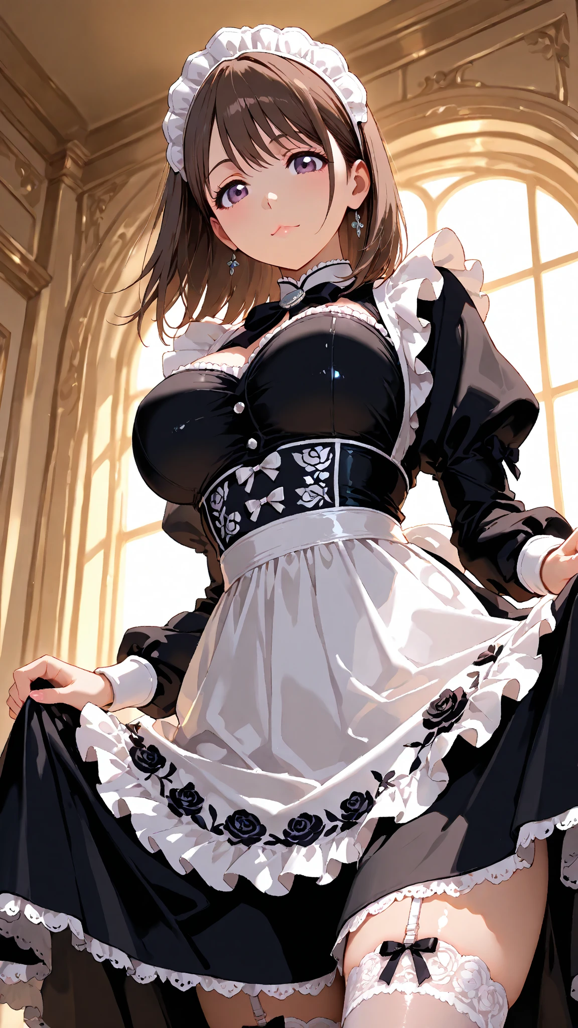 (masterpiece, 最high quality, 超High resolution, Very detailed), (Realistic:1.1, photoRealistic:1.4), Perfect illustration, Perfect lighting,Perfectly detailed hair, Perfect and exquisite face, Perfect collarbone, Perfect body,Juicy , Perfect Thighs, Beautiful legs, View your audience, 1 person,Perfect Face, (Perfect , Anatomically correct), Symmetrical face、((Shiny Hair)), Body、(masterpiece),(最high quality：1.3),8k,Very clear,(Ultra-realistic),Captivating woman,(high quality, High resolution, The finer details), Realisticなスタイルの女性,Juicy 、Perfect Woman、Perfect Face、Symmetrical face、Baby Face、(())、blush、((Juicy lips))、Cowboy Shot、(((Short curly black hair)))、((Large, double-set black eyes、Long eyelashes))、(Red Makeup)、(((Housemaid)))、(((Frilled maid outfit)))、(((Lifting her skirt to show her panties)))、(Healthy and well-developed body)、((Big  jk))、(Outdoor、On the road)