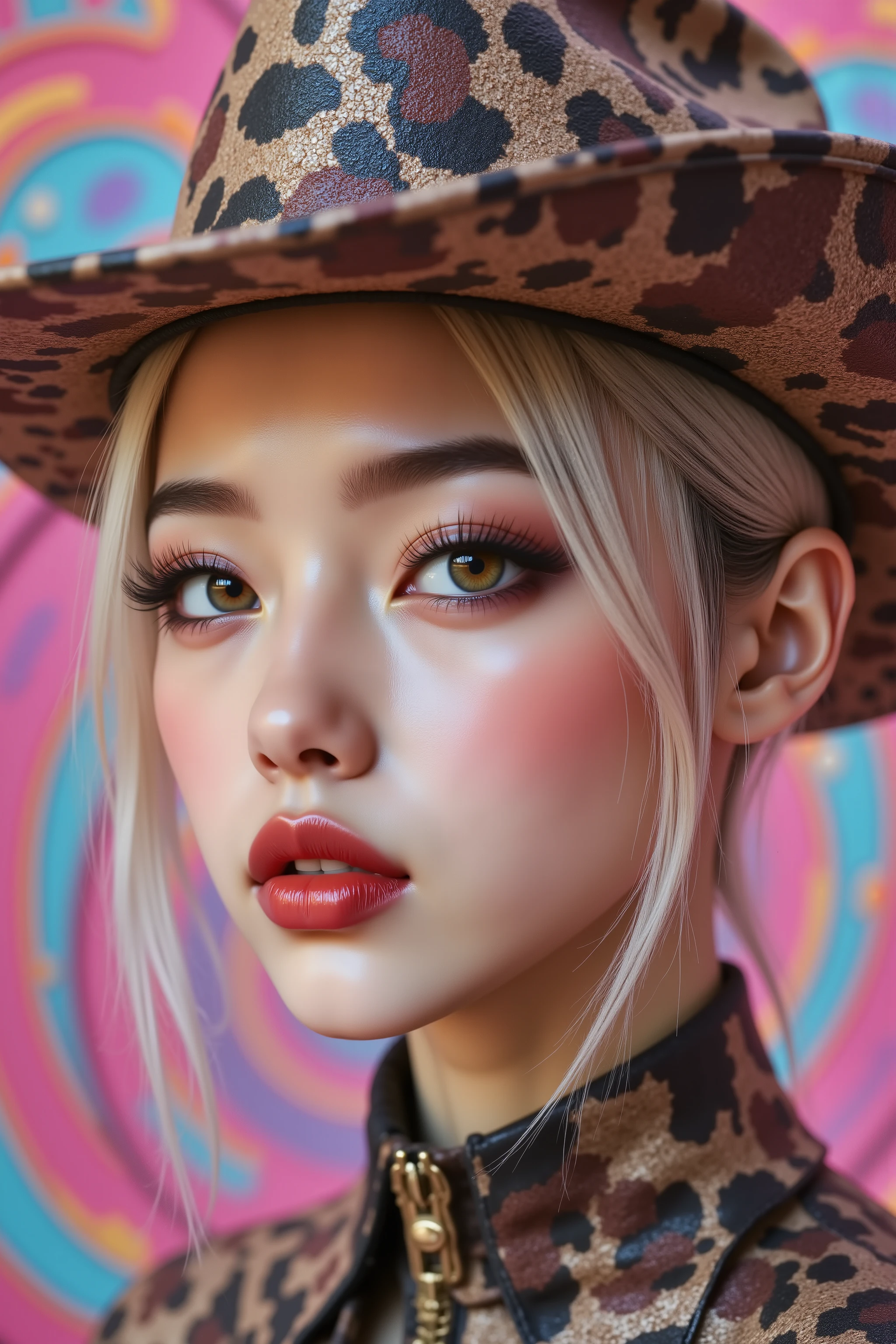  Ultra-realistic (photorealistic Realism), (intricately detailed digital art), (Key Directive: - ("The priority is the anatomical accuracy and texture of the materials" - "Ultra-sharp human eyes with biological accuracy")[(cowboy shot:1.4)], (ultra realistic texture details: velvety skin, hair), (blonde hair (very short hair:1.45)((slicked to one side:1.4)), intricately detailed:1.41), {"long Lashes: individual synthetic fibers (crosshatched roots:1 . 2 , clump-free separation)" - "(Carefully draw Long mascara:1.22)" [perfect dark eyeshadow:pink:1.2][glossy red lipstick:1.3], professional Magic Makeup on eyes:1.3, perfect composition}. ((no blurr eyes, Realistic browm eyes:1.4), intricately detailed:1.35) "ultra details Eyes: (acid-resistant terminology) (macro-details:1 . 5): * Moist corneal surface (visible aqueous layer:1 . 2) * [Ultra-detailed iris stroma ((brown) with gold flecks)] * Precise limbal ring (slightly darker pigmentation:1 . 22) * Pupil micro-texture (irregular edge authenticity:0 . 9) * Vasculature in sclera (subtle red veins radiating from limbus)" Technical Specs: (Optics: - "Zeiss Otus85mm f/1 . 4 lens (eye refraction calculations:1 . 3)" - "Shutter Speed:1/500 (freeze eye micro-movements)" - "Focus Stacking:7-point coverage on iris plane") Post-Processing: - "Frequency separation for skin vs eye details" - "Selective sharpening: eyes170% , hair150%" - "Denoise: luminance20 , color35 (retain corneal speculars)" (Avoid: "pupil distortion , uncanny valley asymmetry , plastic-like wetness"). (skinny body build),(perfect hot model body:1.4). {"psychedelic background,voronoi backround"}.