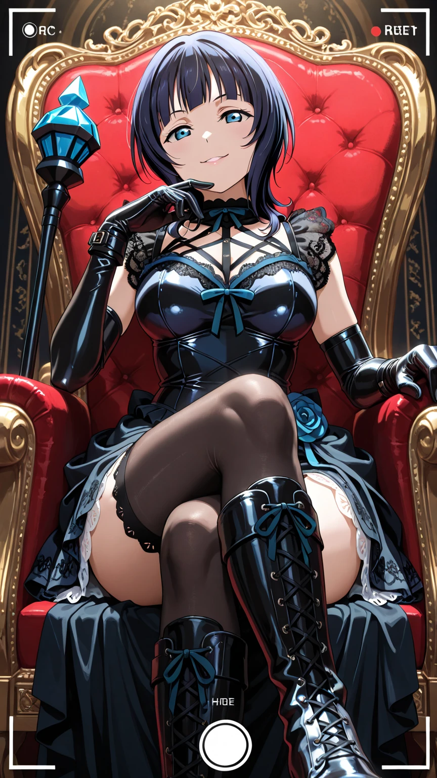 masterpiece, best quality, 1girl,black hair,long hair,glowing eyes, (finely detailed empty pupils and detailed face),,,,extremely detailed picture unity 8k wallpaper,solo,(latex military costume:0.9),large breasts,seductive smile,military hat,latex thighhigh,large breasts,black hair,pink eyes,black leotard,pantyhose,military coat,enamel suits,grossy lips,sitting,crossed legs