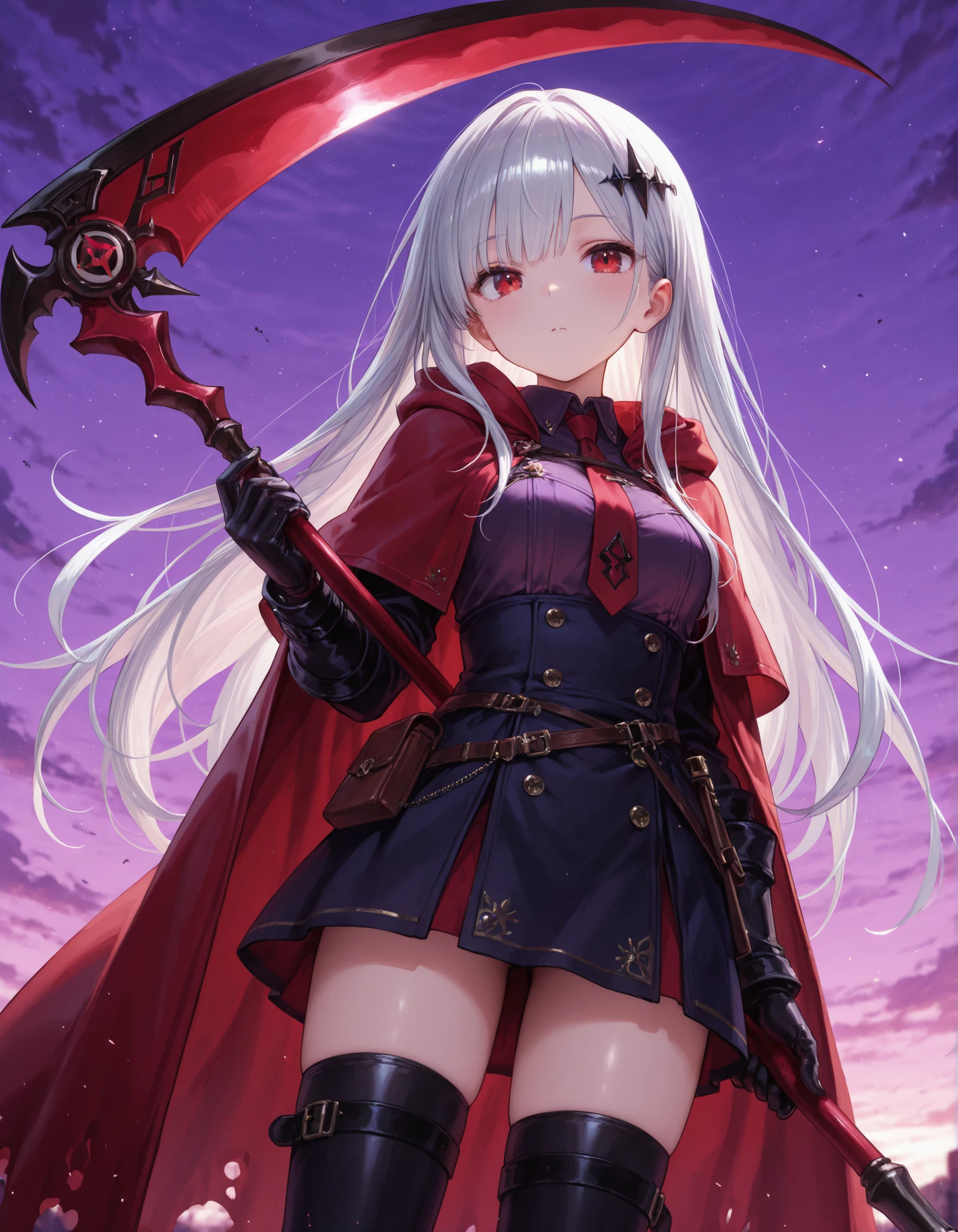 masterpiece, best quality, very aesthetic, 1girl,, solo, red scythe, purple sky,, 
