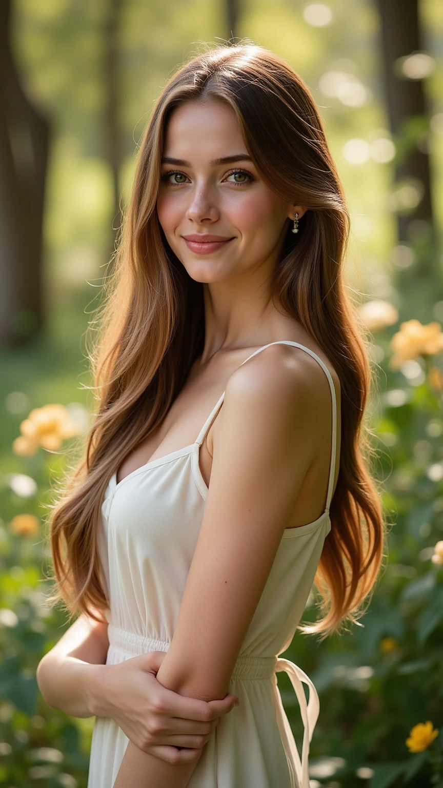 realistic body shot photo of sad dutch big long hair woman dancing in front of camera wearing long summer dress, meadow, glamour photoshoot, perfect , Perfect eyes. Perfect hands with 5 fingers on each hand. fit girl, looking into the camera, strong hip:1.2, wide hip:1.3, 36 yo woman. (Eye makeup:1.1), (highly detailed skin:1.1), RAW, analog style, sharp focus, 8k UHD, DSLR, high quality, Fujifilm XT3, grain, award winning, masterpiece.